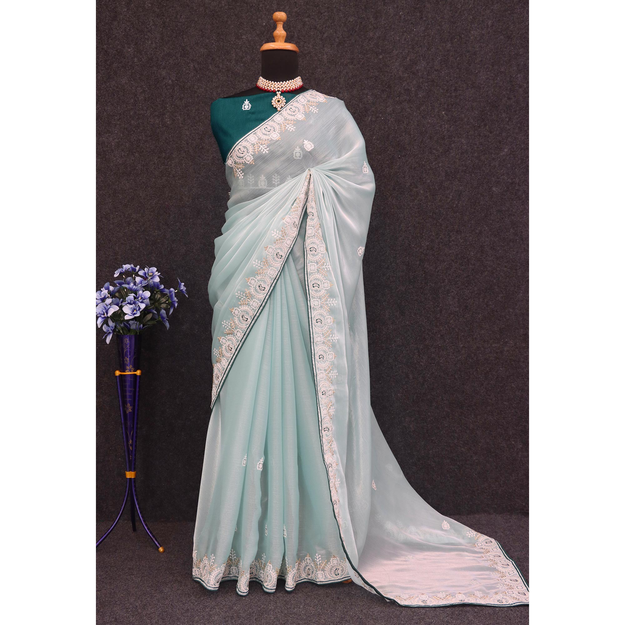 Blue Sequins Embroidered Chiffon Silk Saree