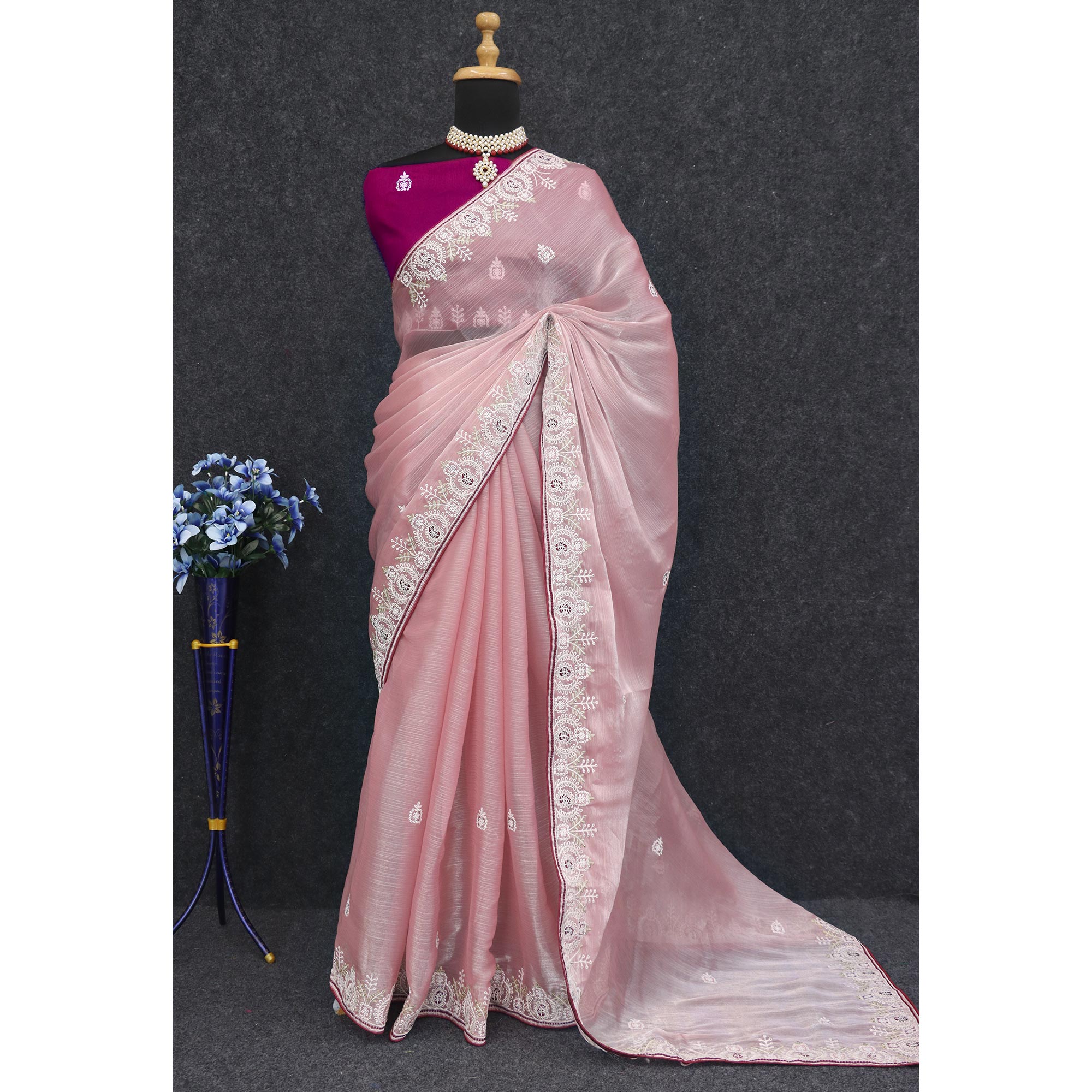 Pink Sequins Embroidered Chiffon Silk Saree