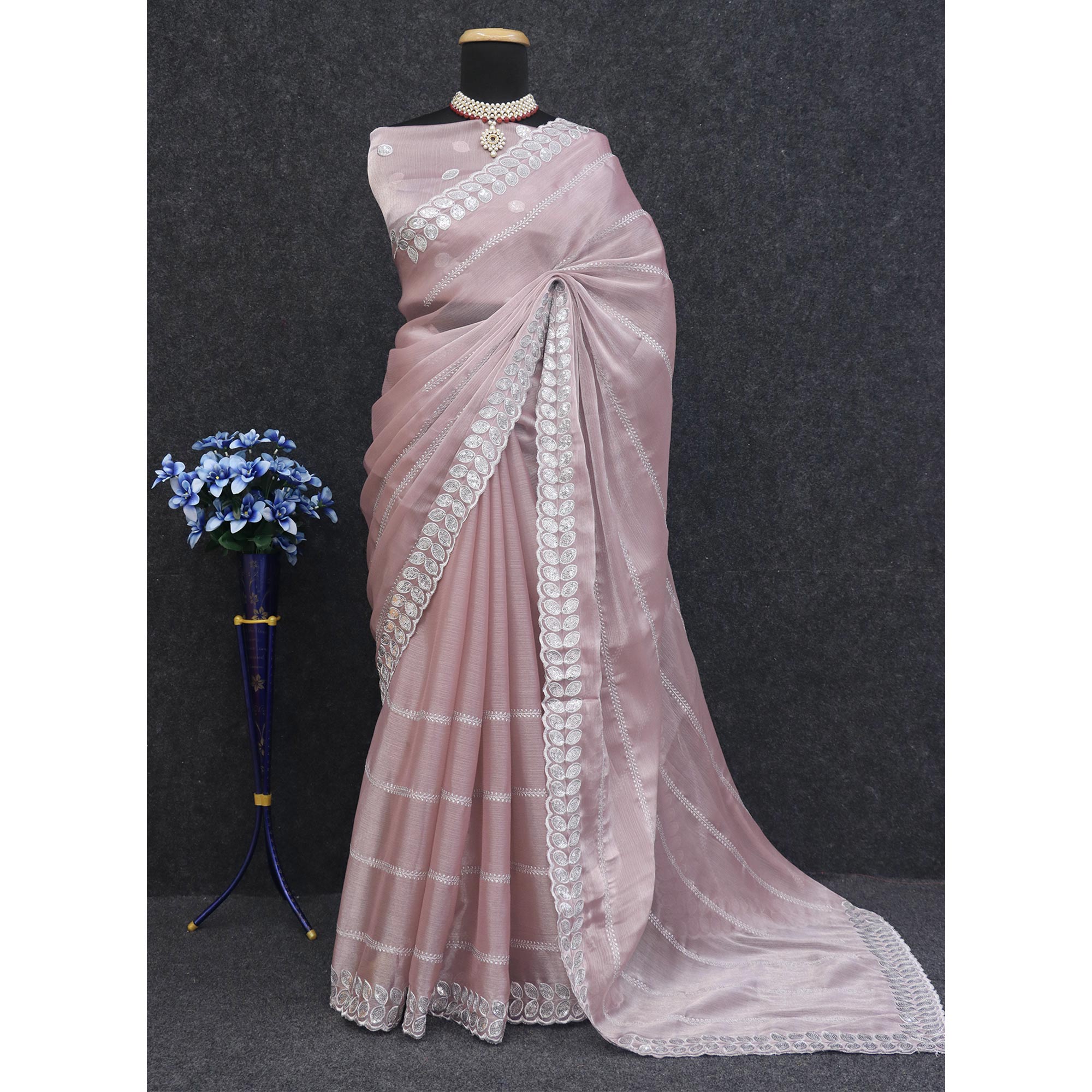 Light Mauve Sequins Embroidered Chiffon Silk Saree