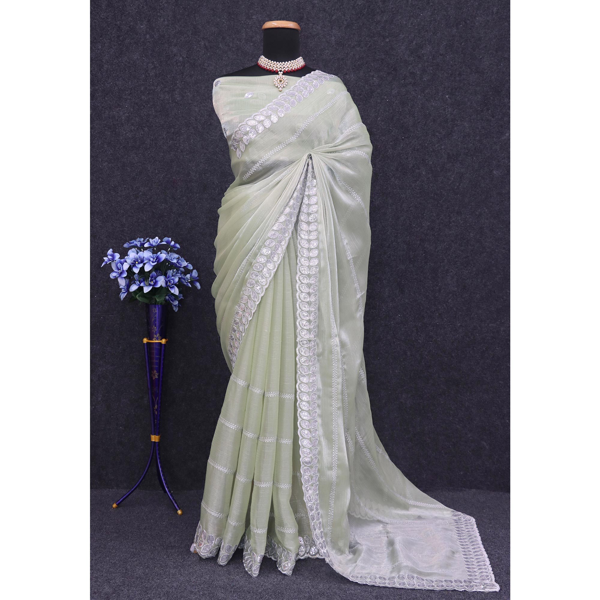 Pista Green Sequins Embroidered Chiffon Silk Saree