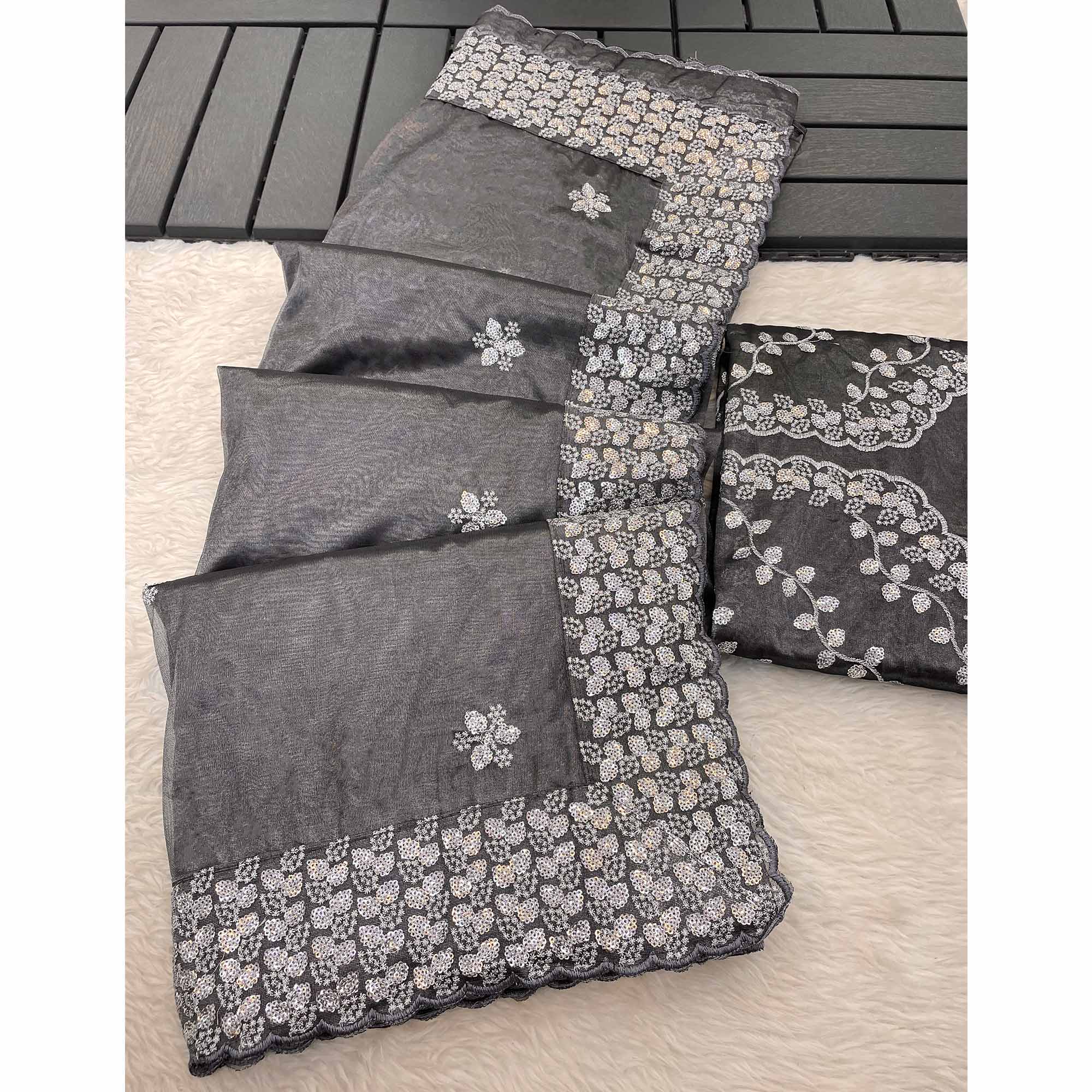 Grey Floral Embroidered Net Saree