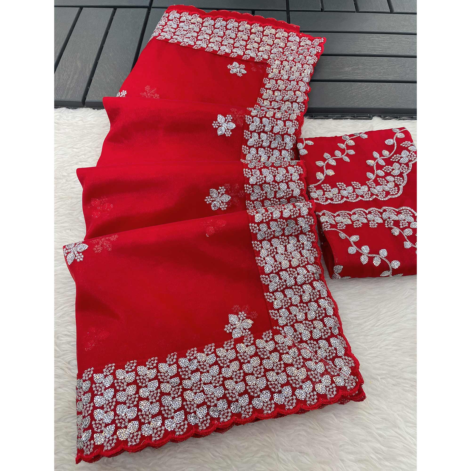 Red Floral Embroidered Net Saree