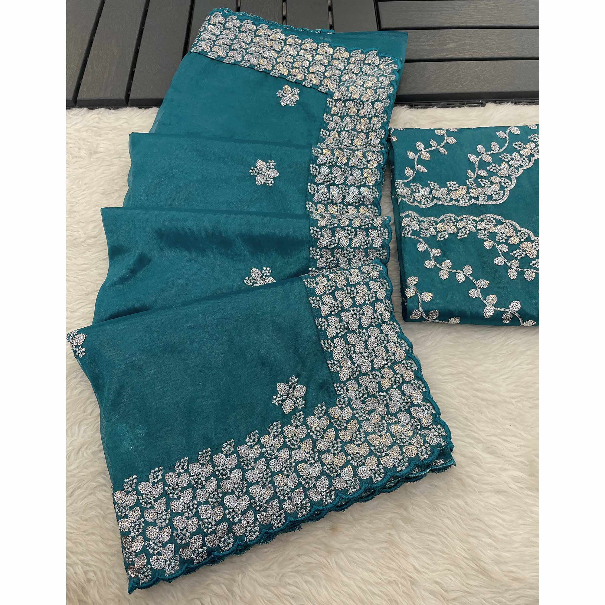 Teal Floral Embroidered Net Saree