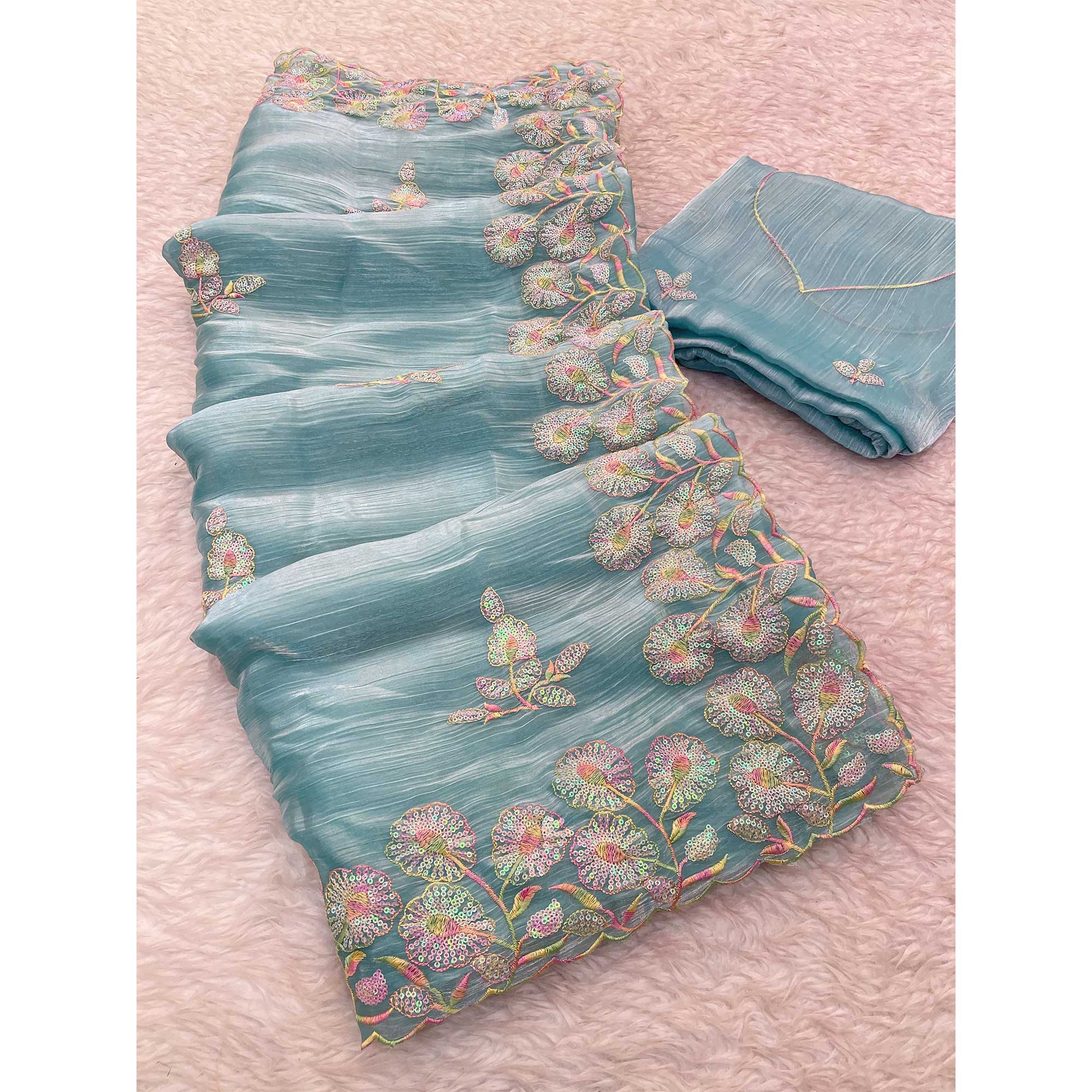 Sky Blue Sequins Embroidered Chiffon Saree