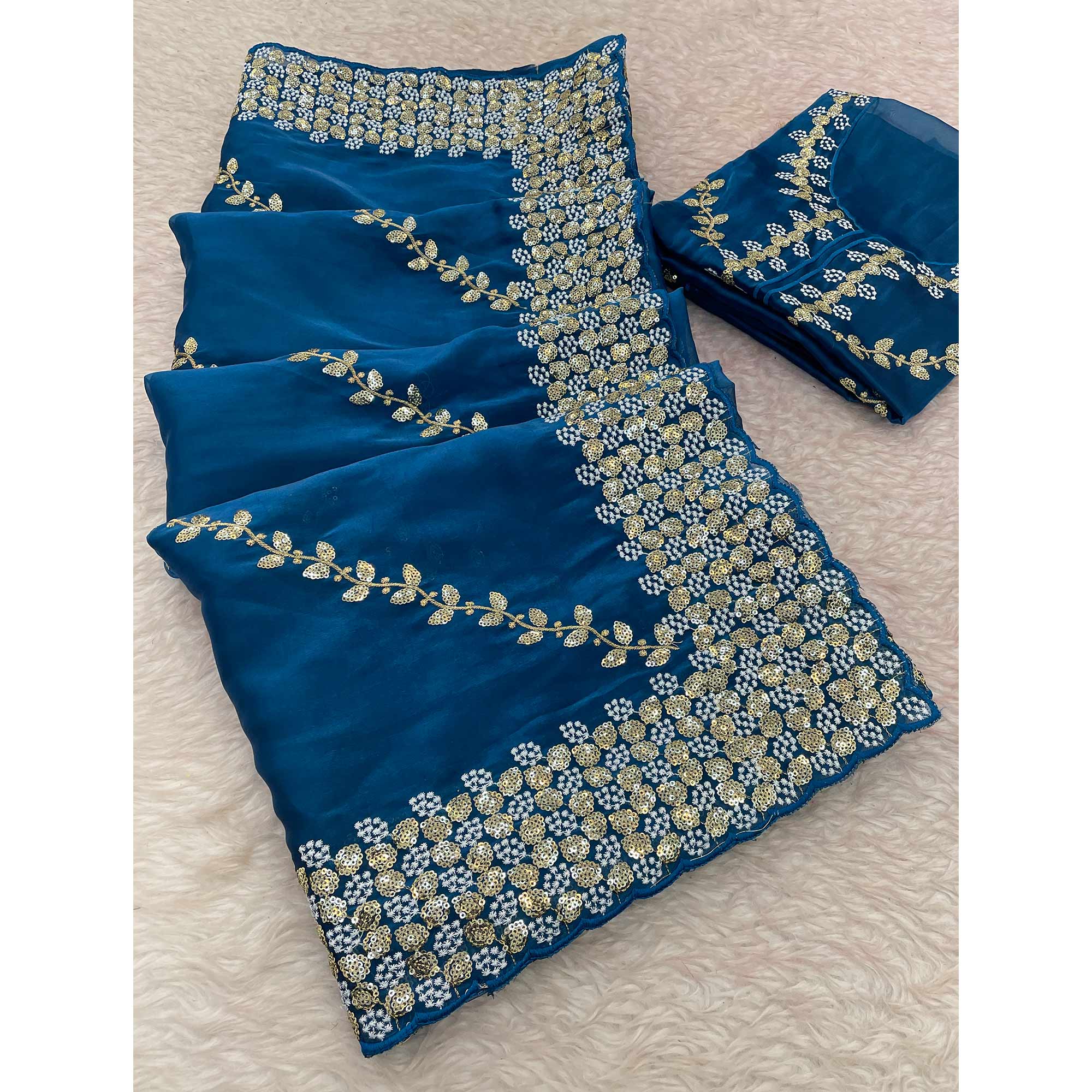 Blue Sequins Embroidered Satin Saree