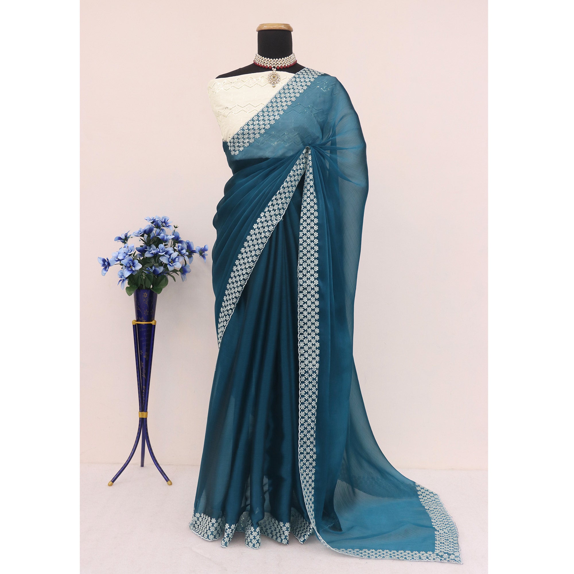Teal Sequins Embroidered Chiffon Saree