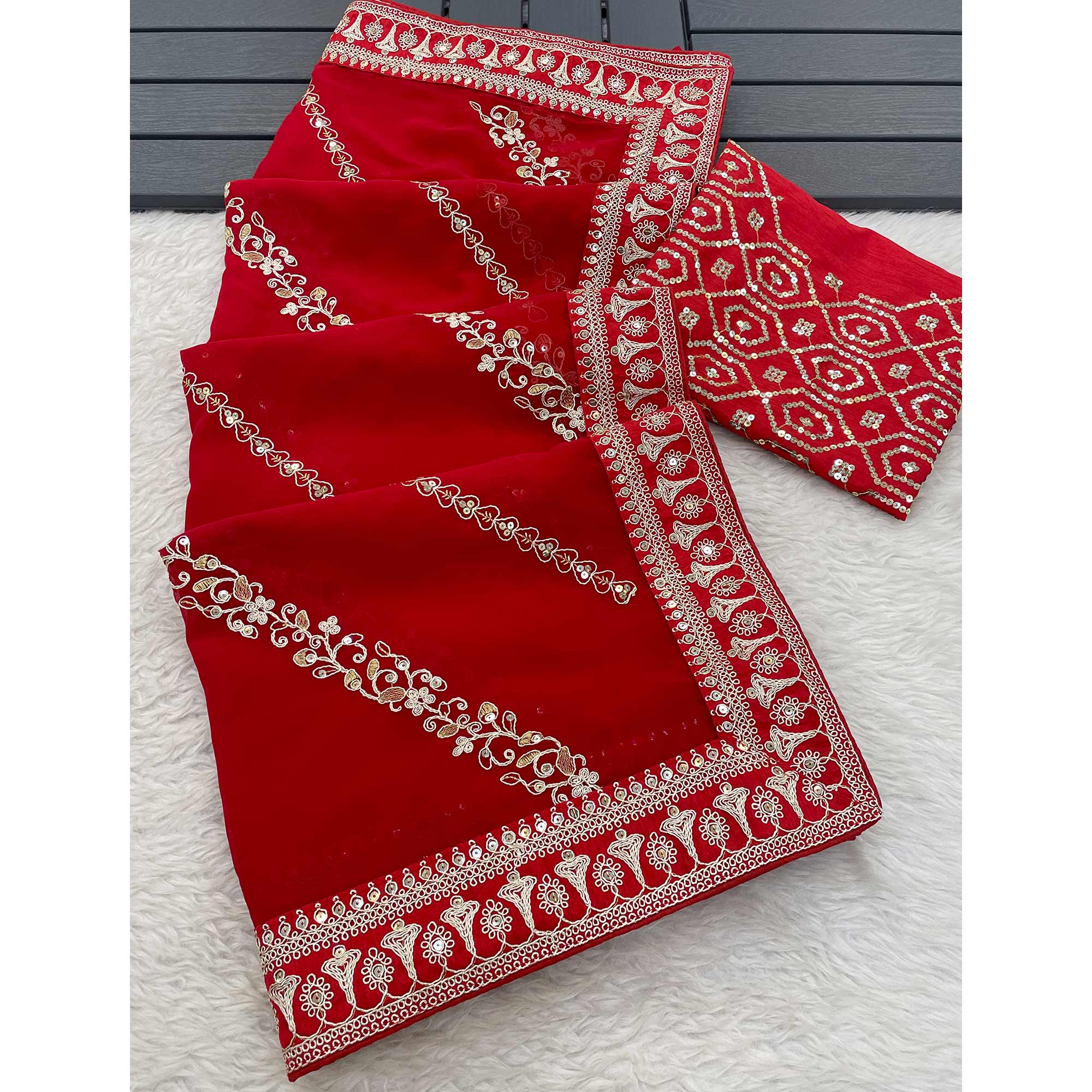 Red Sequins Embroidered Georgette Saree