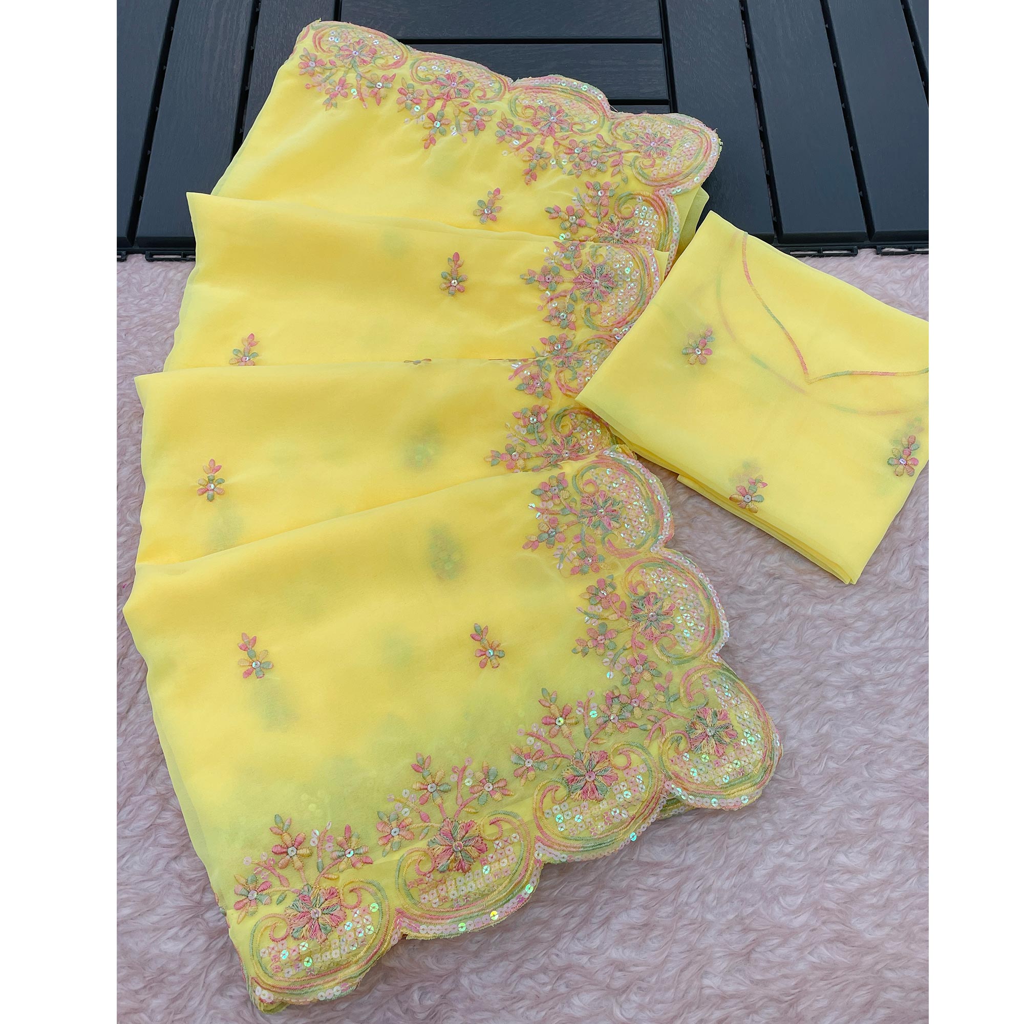 Yellow Floral Sequins Embroidered Georgette Saree