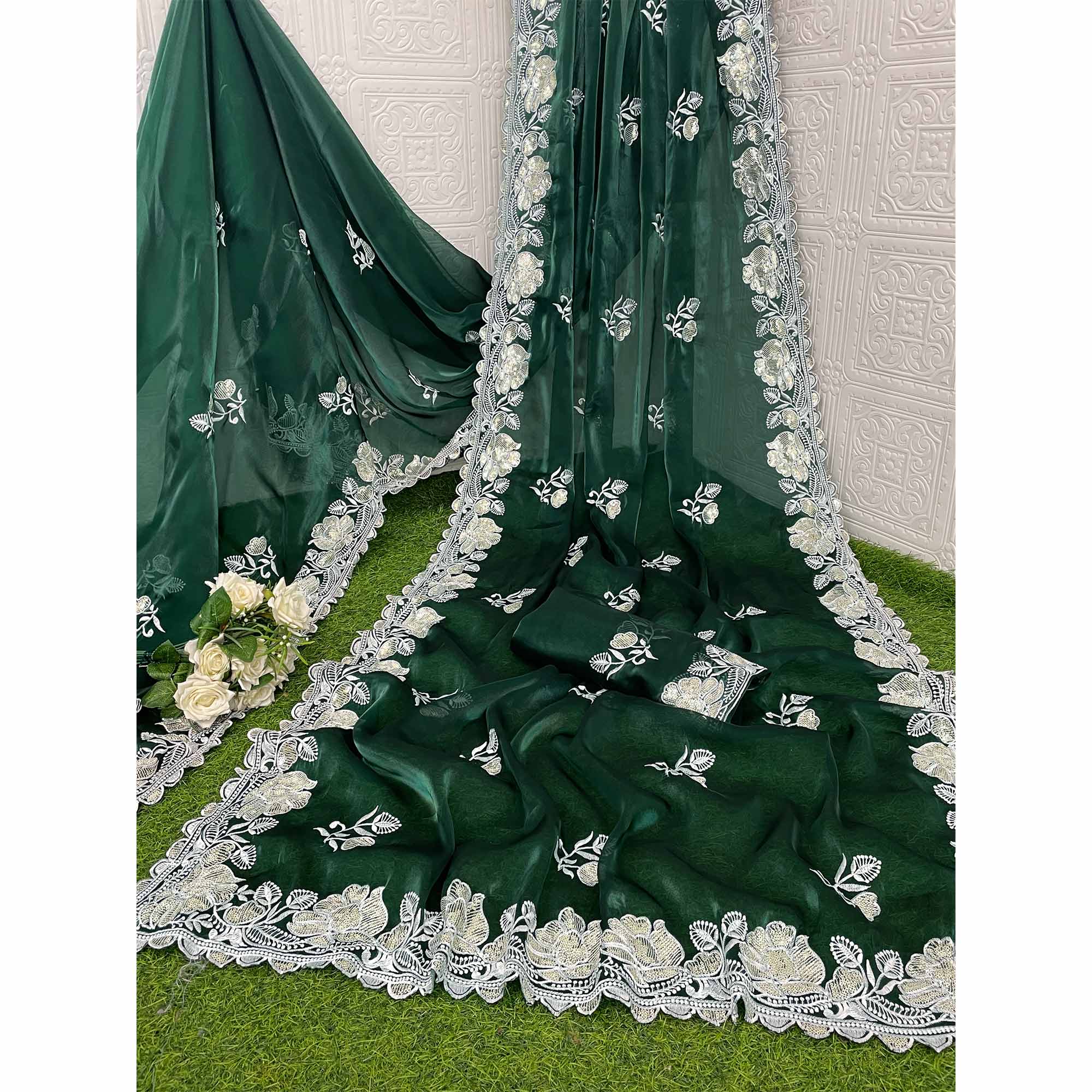 Green Floral Embroidered Satin Saree