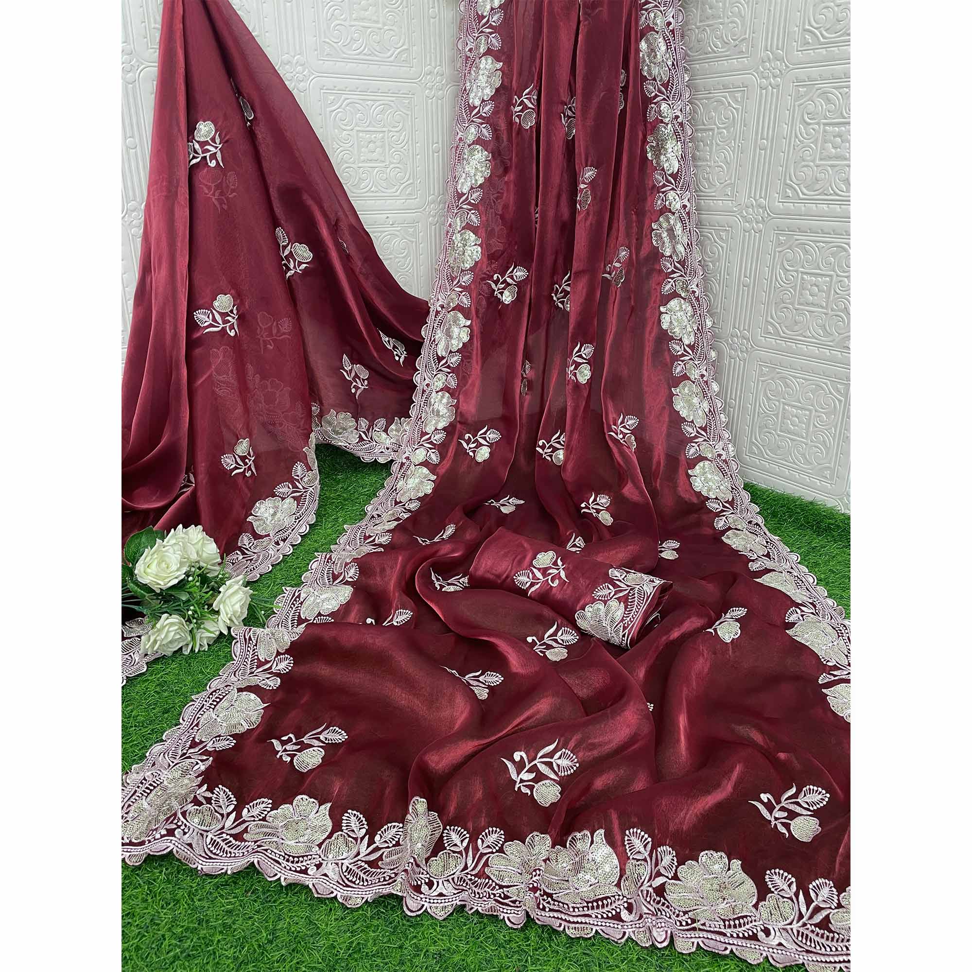 Maroon Floral Embroidered Satin Saree