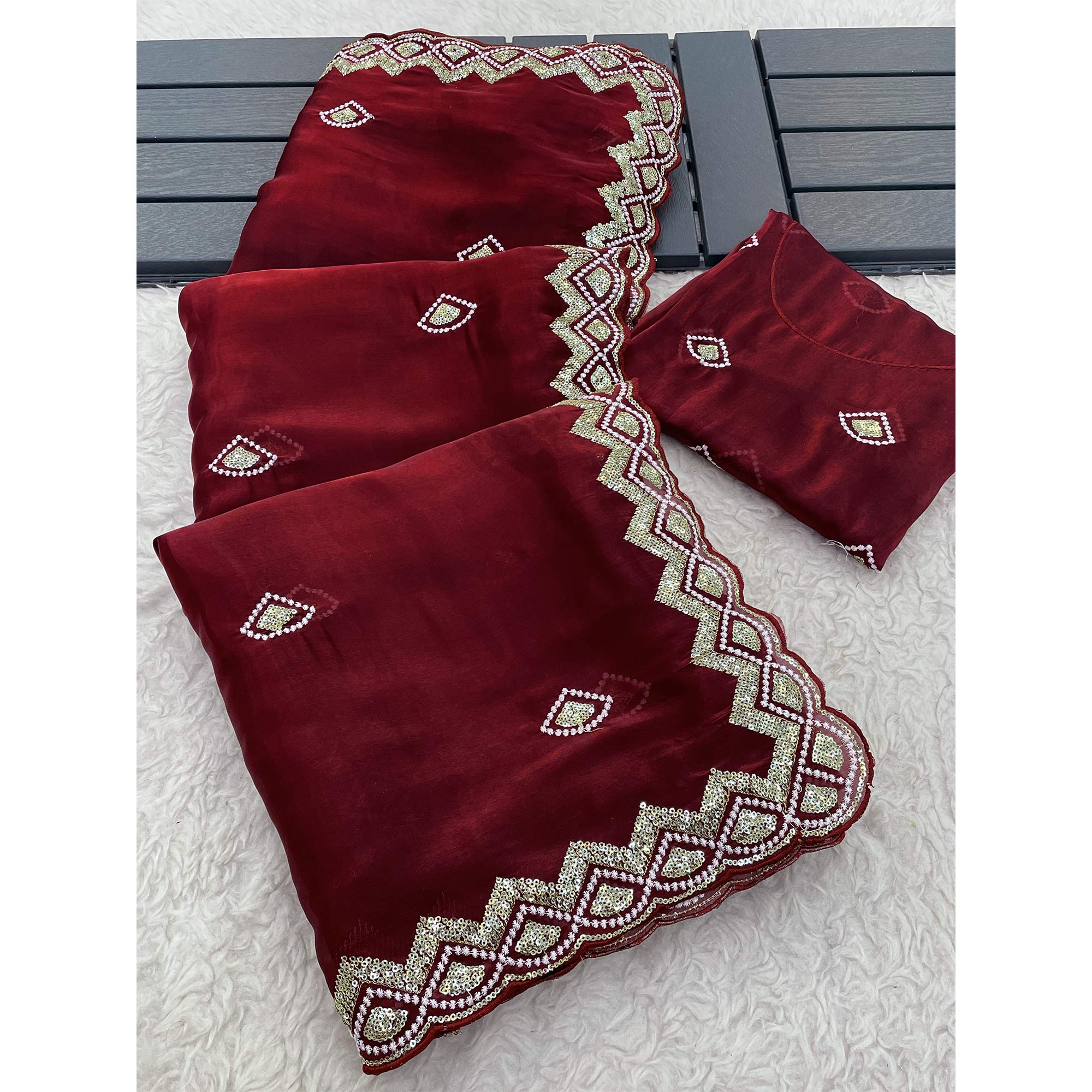 Maroon Sequins Embroidered Satin Saree