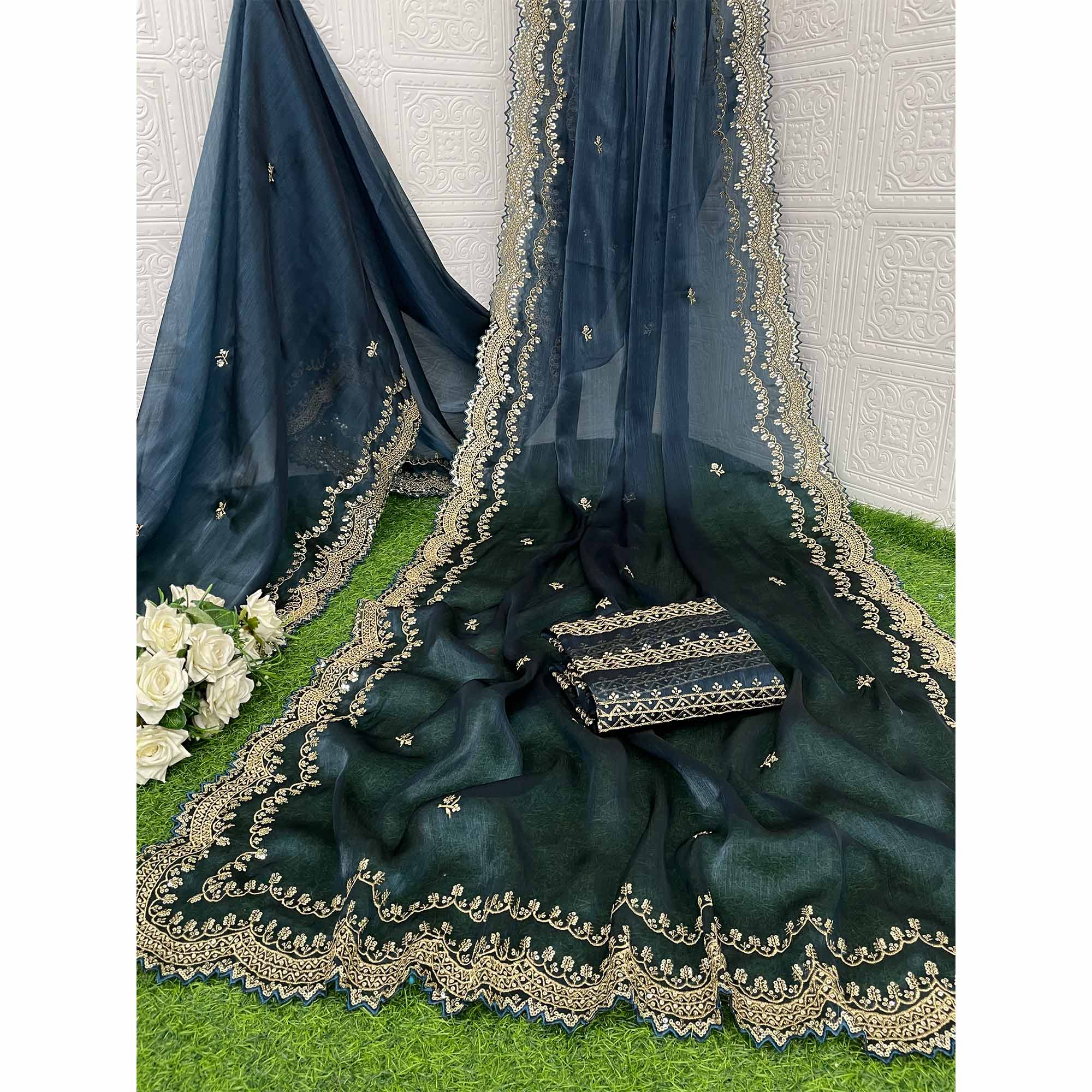 Blue Embroidered Chiffon Saree