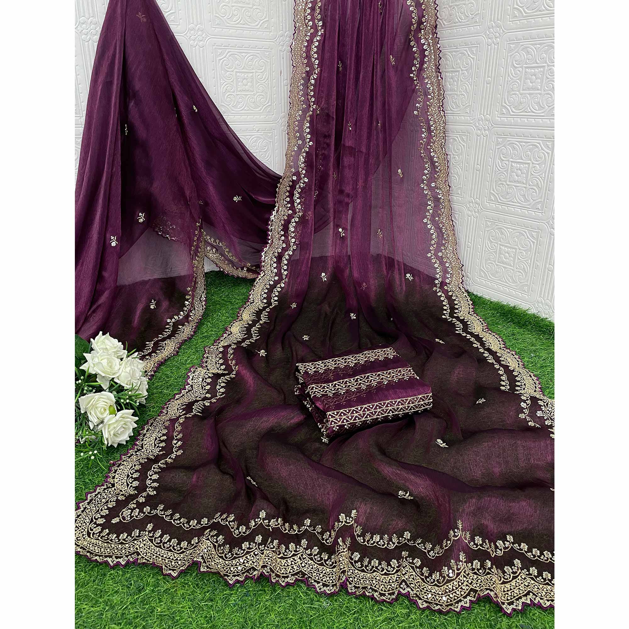 Wine Embroidered Chiffon Saree
