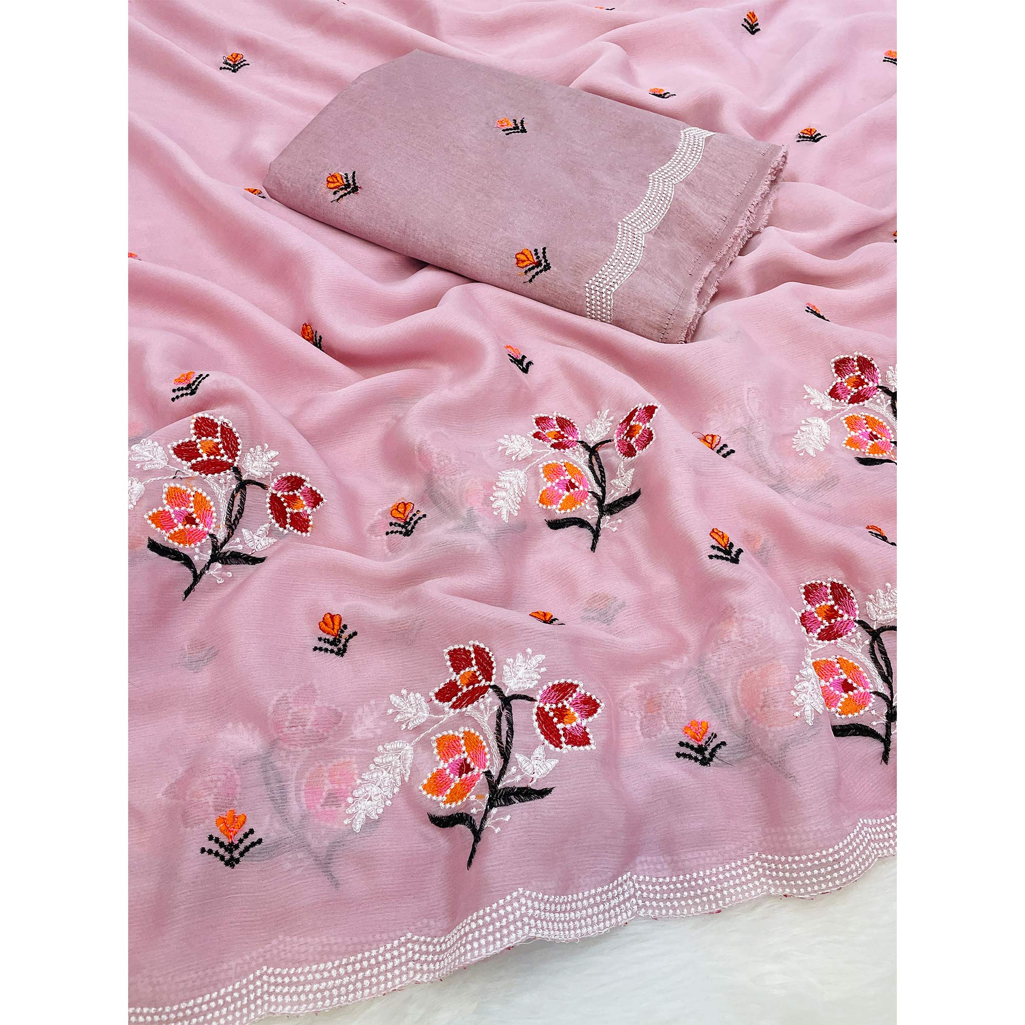 Pink Floral Embroidered Chiffon Saree