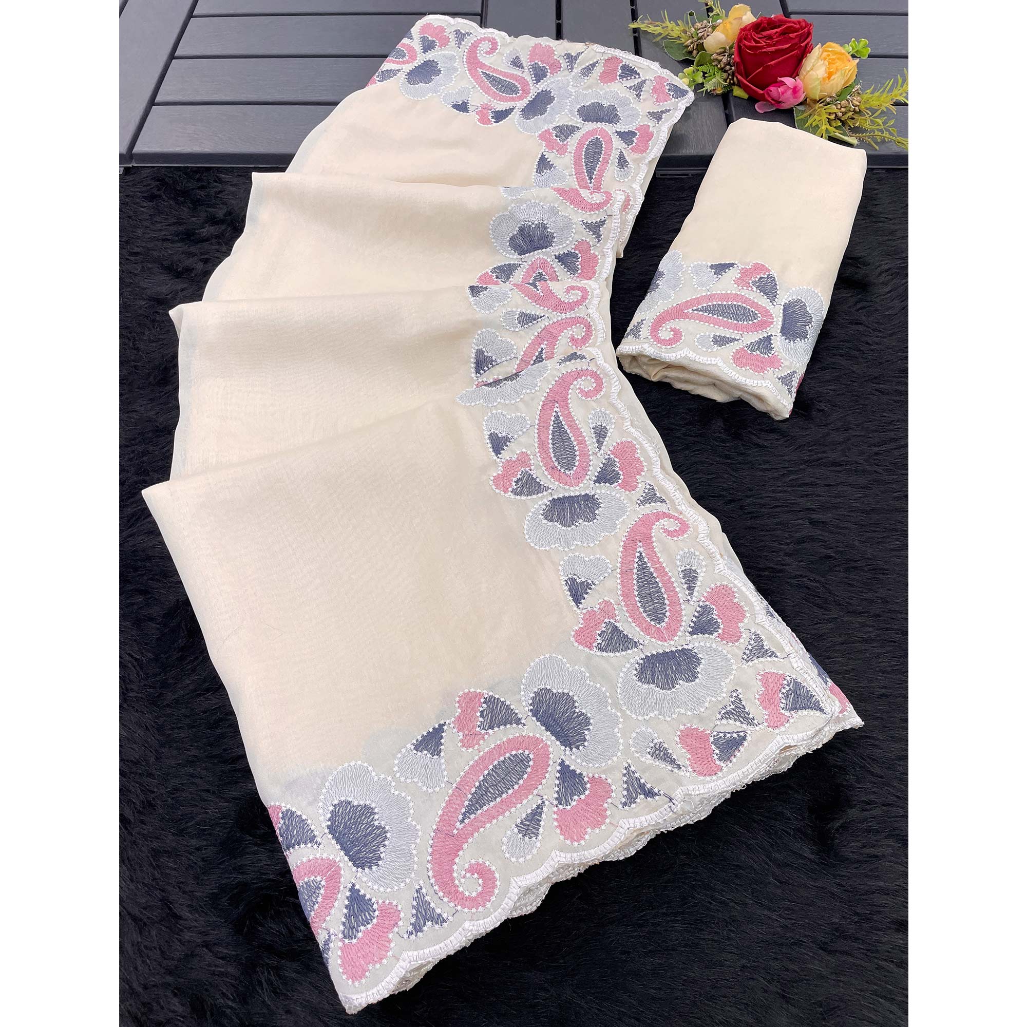 Cream Floral Embroidered Vichitra Silk Saree