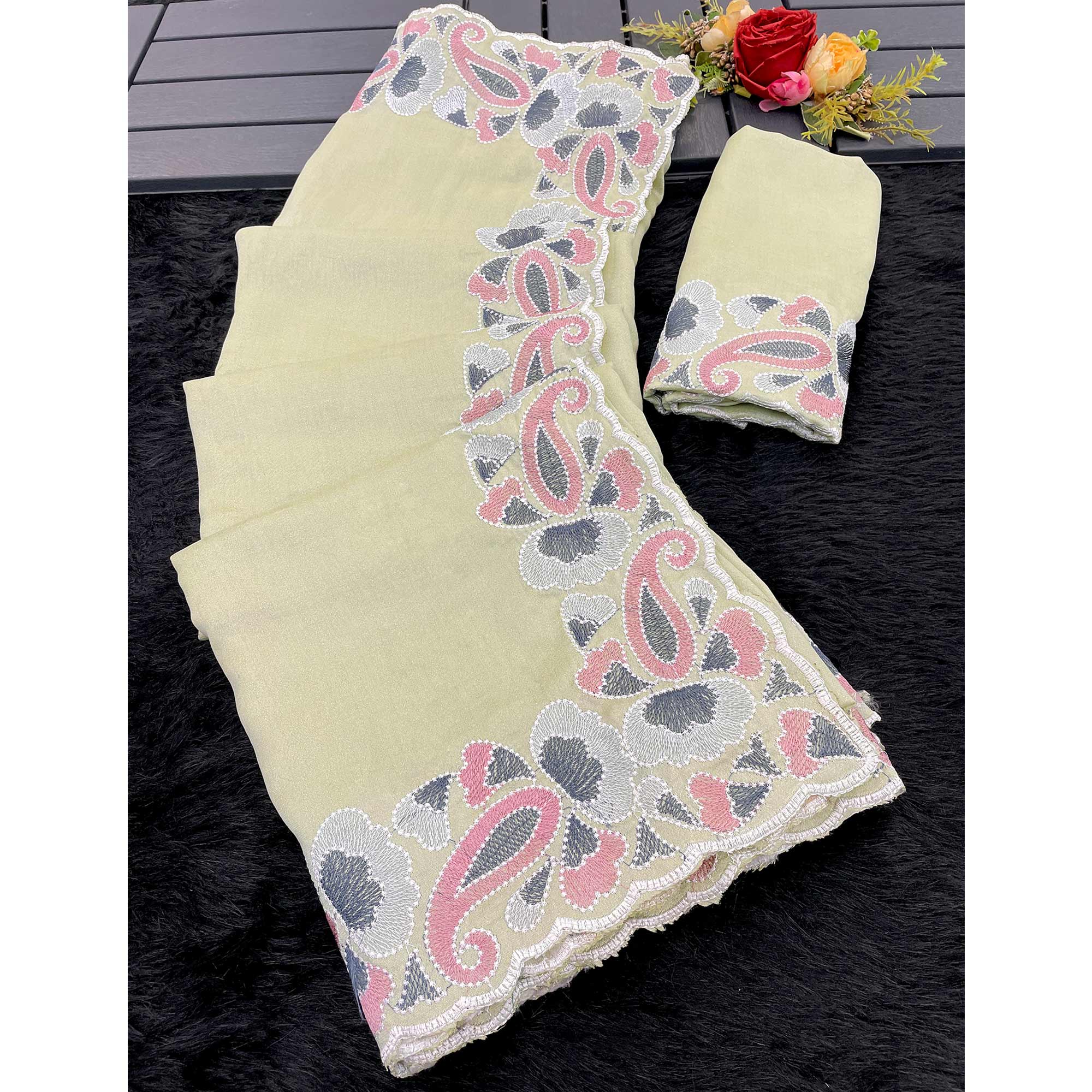 Green Floral Embroidered Vichitra Silk Saree