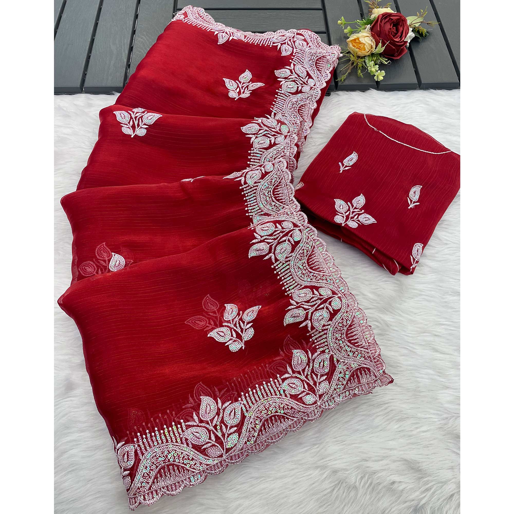 Maroon Sequins Embroidered Chiffon Saree