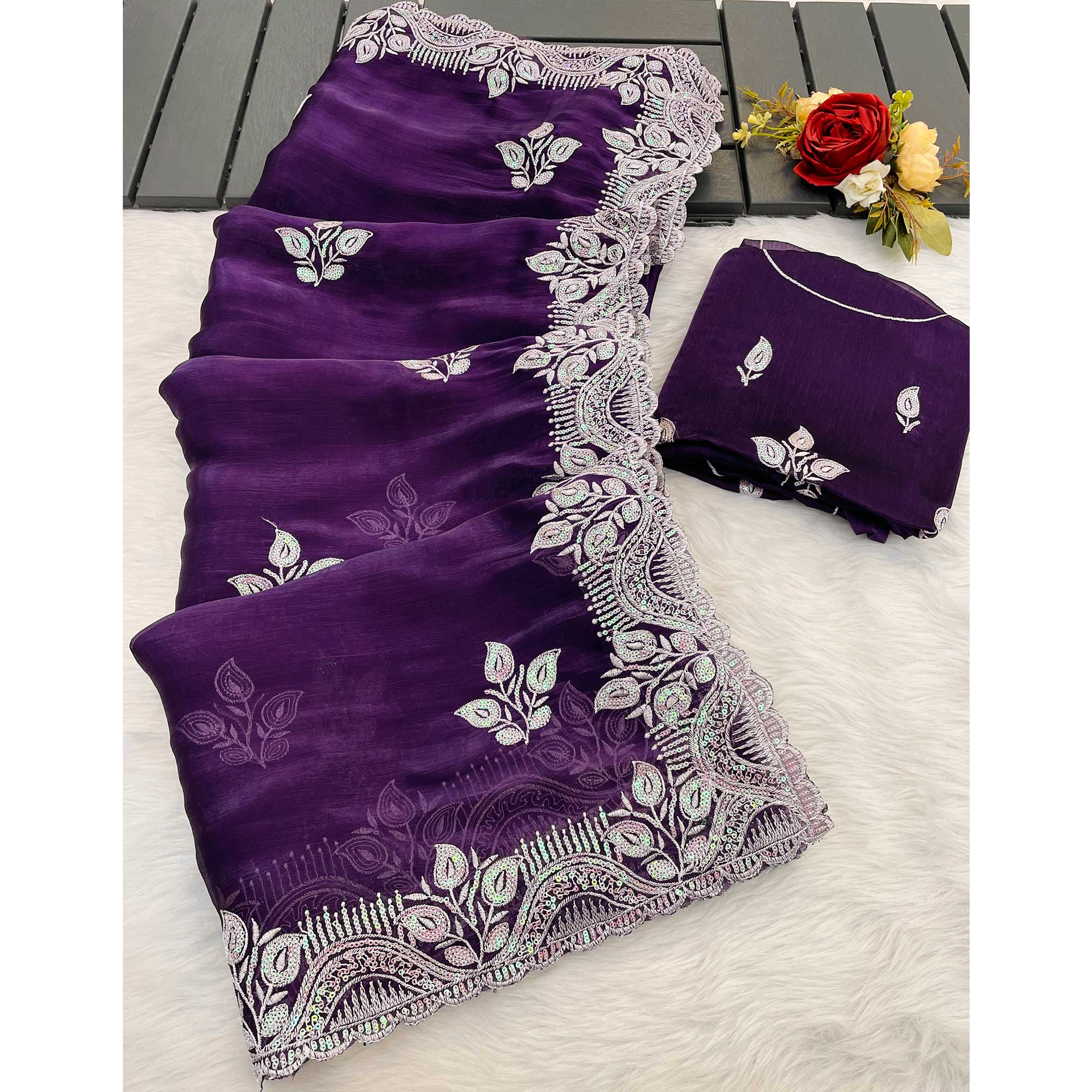 Purple Sequins Embroidered Chiffon Saree