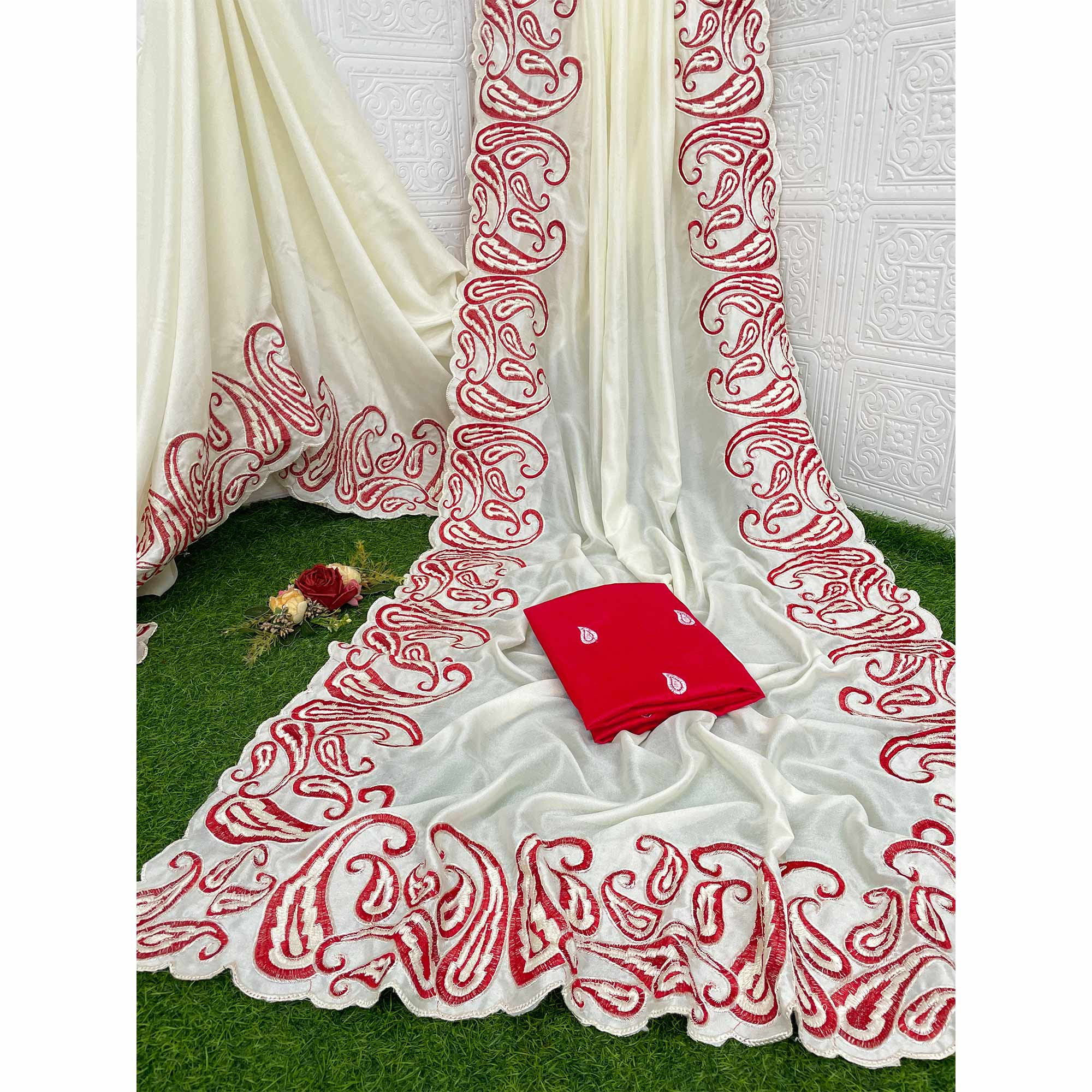 Off White Embroidered Vichitra Silk Saree