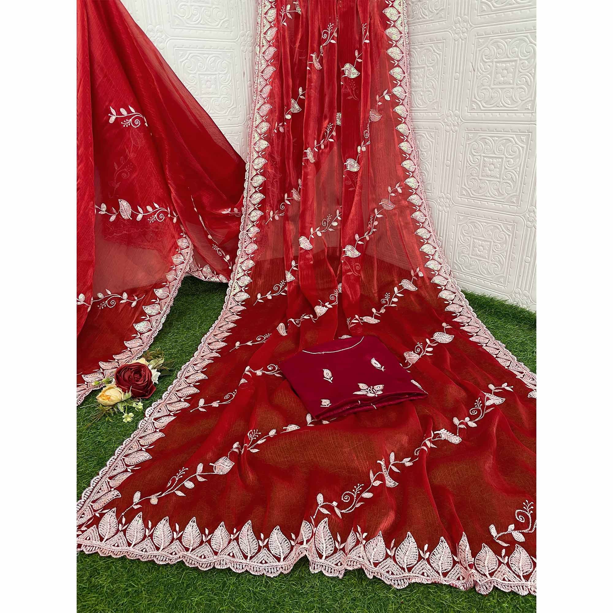 Maroon Sequins Embroidered Chiffon Saree