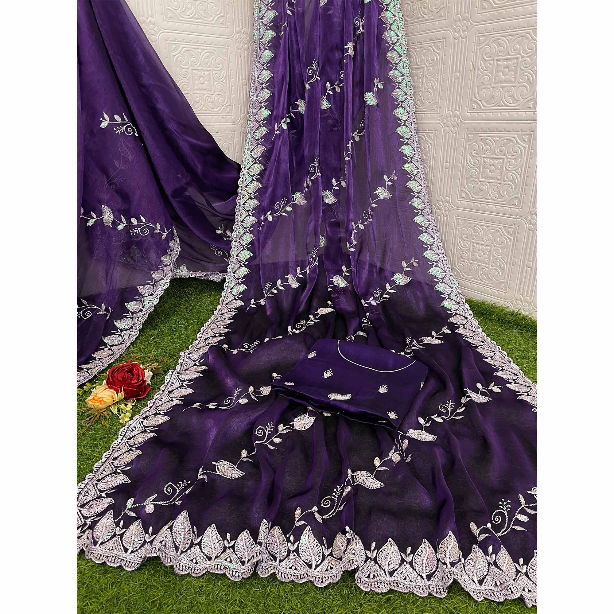 Purple Sequins Embroidered Chiffon Saree