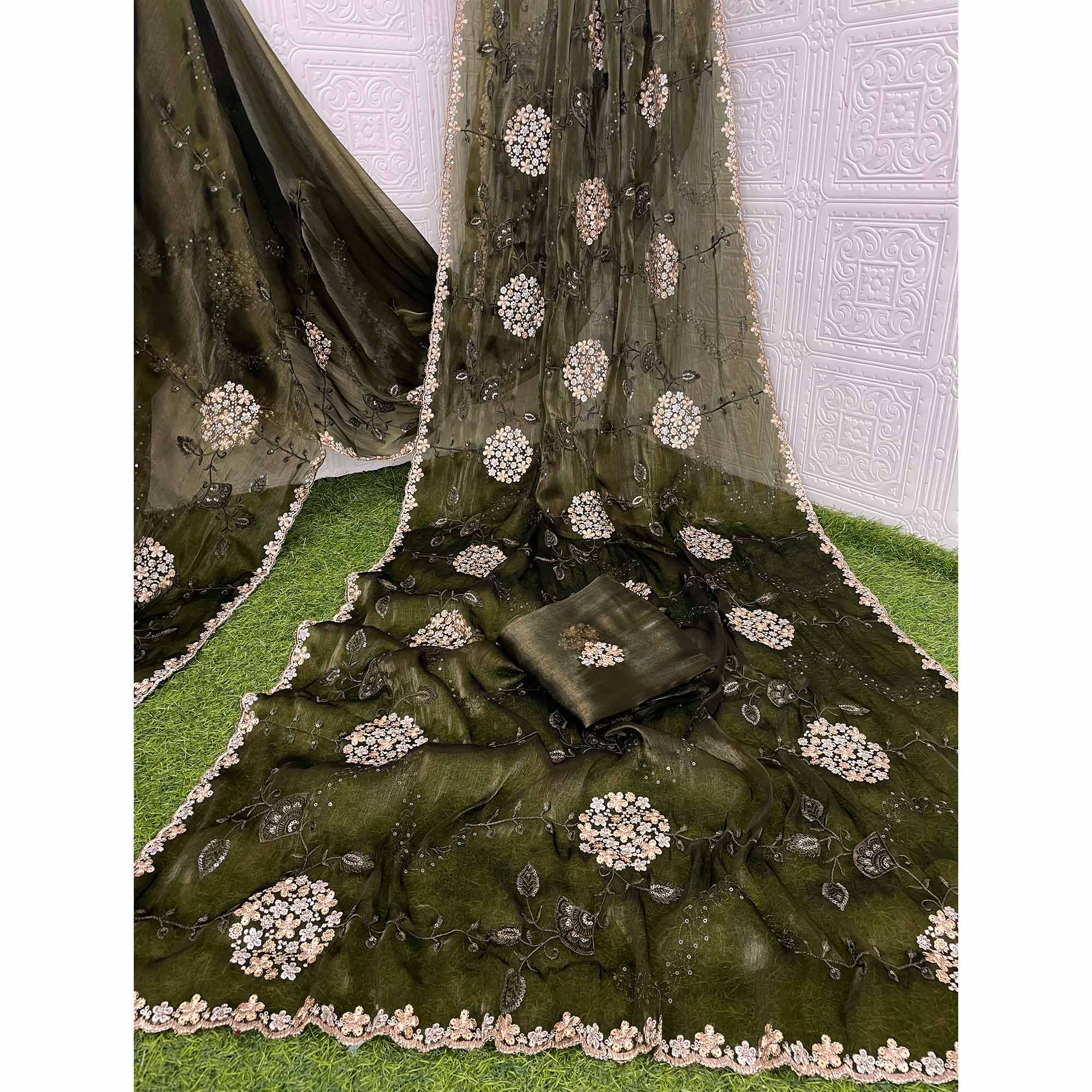 Green Sequins Embroidered Chiffon Saree