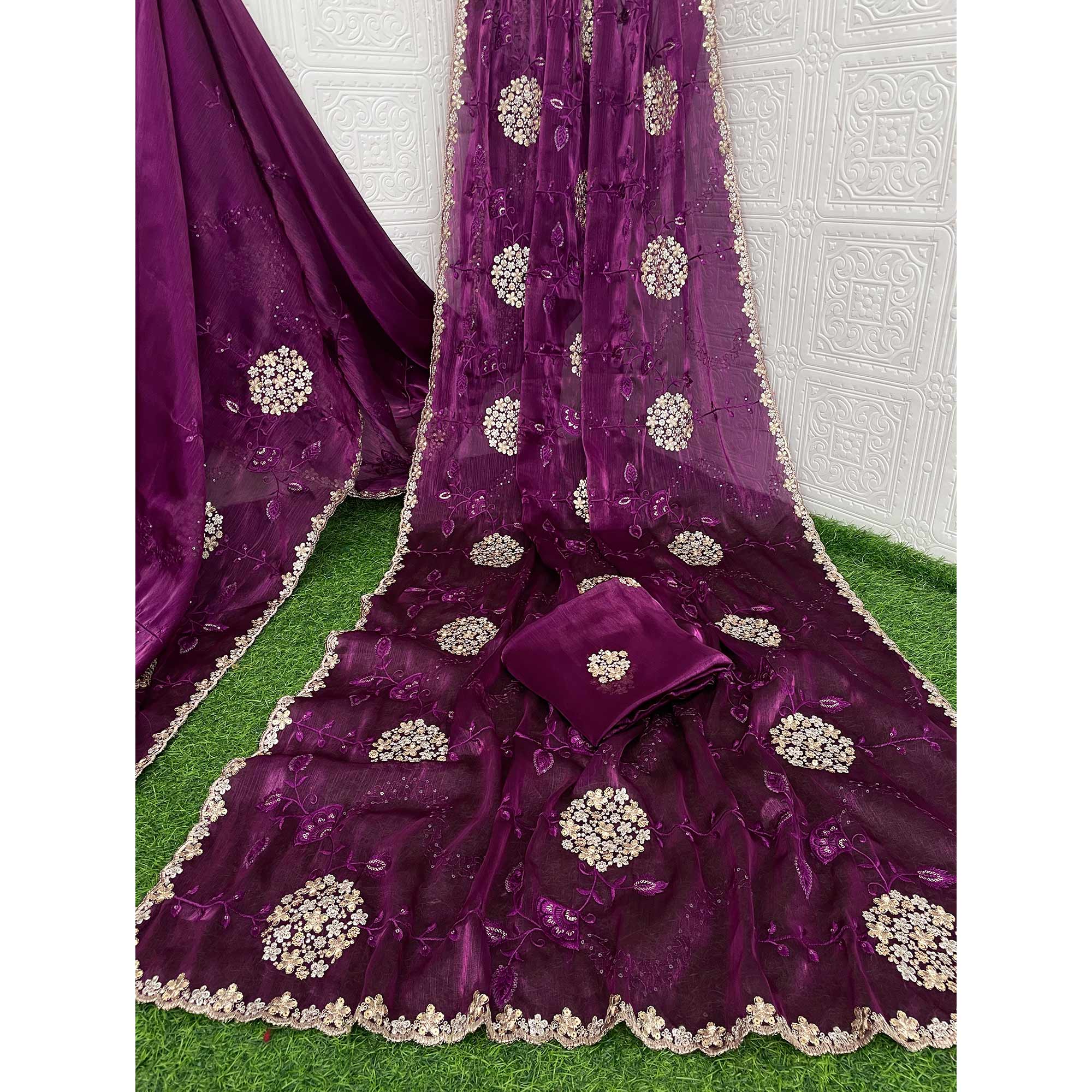 Purple Sequins Embroidered Chiffon Saree