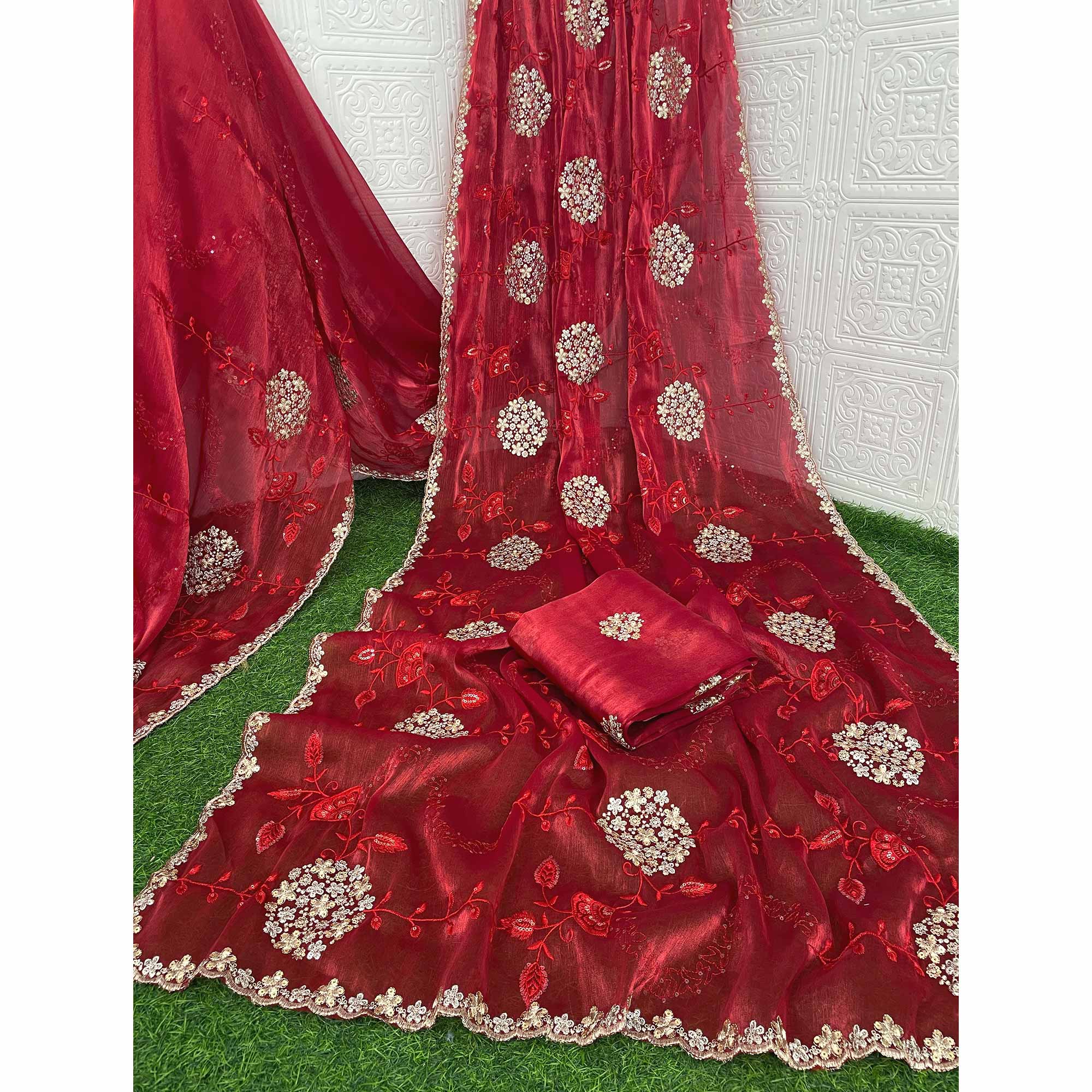 Red Sequins Embroidered Chiffon Saree