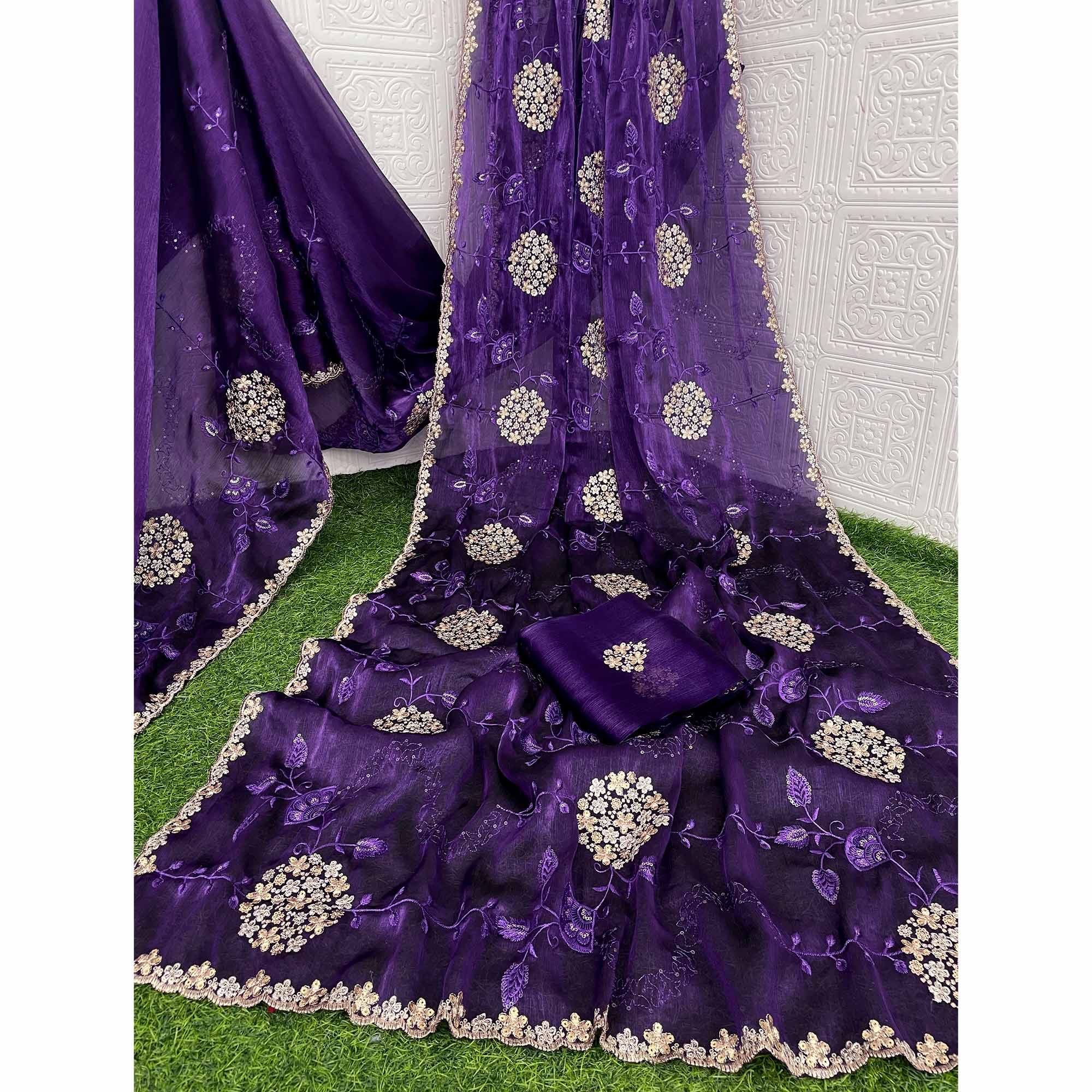 Violet Sequins Embroidered Chiffon Saree