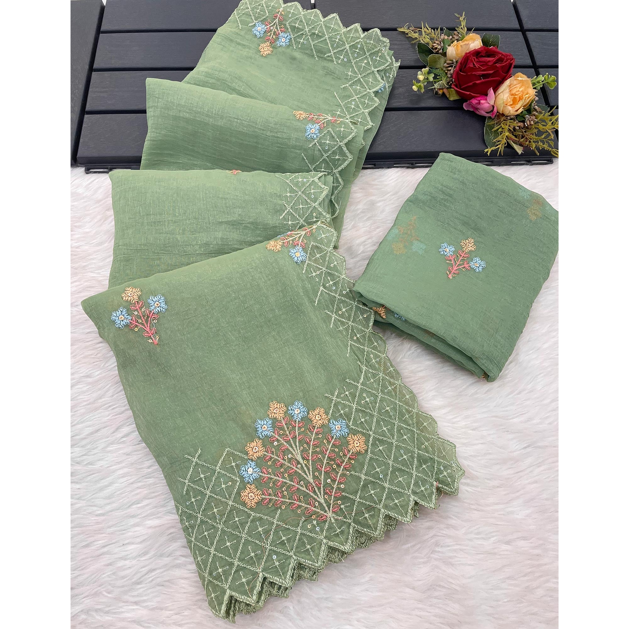 Green Floral Sequins Embroidered Art Silk Crush Saree