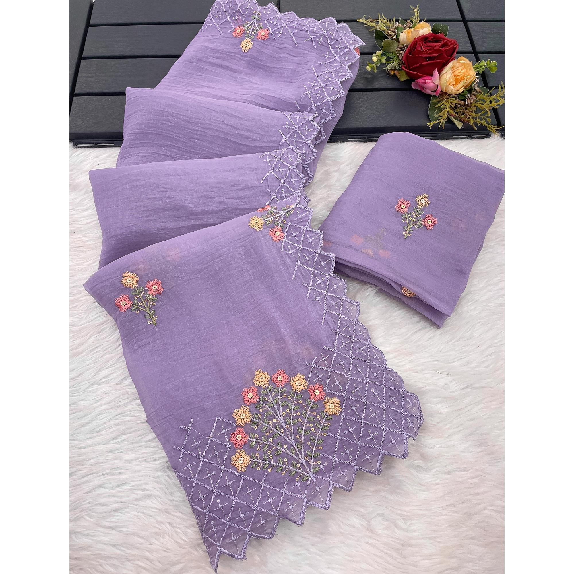 Lavender Floral Sequins Embroidered Art Silk Crush Saree