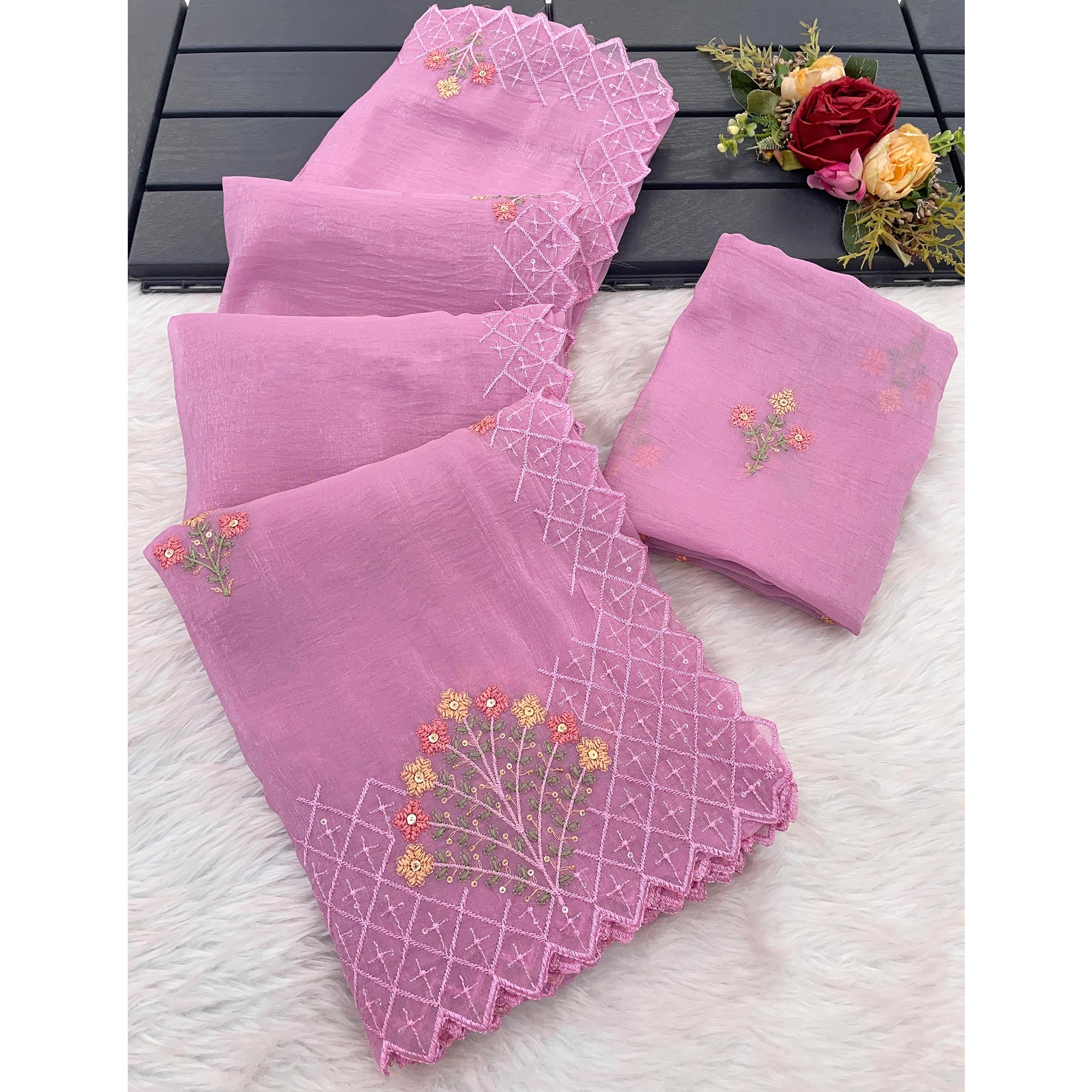 Pink Floral Sequins Embroidered Art Silk Crush Saree