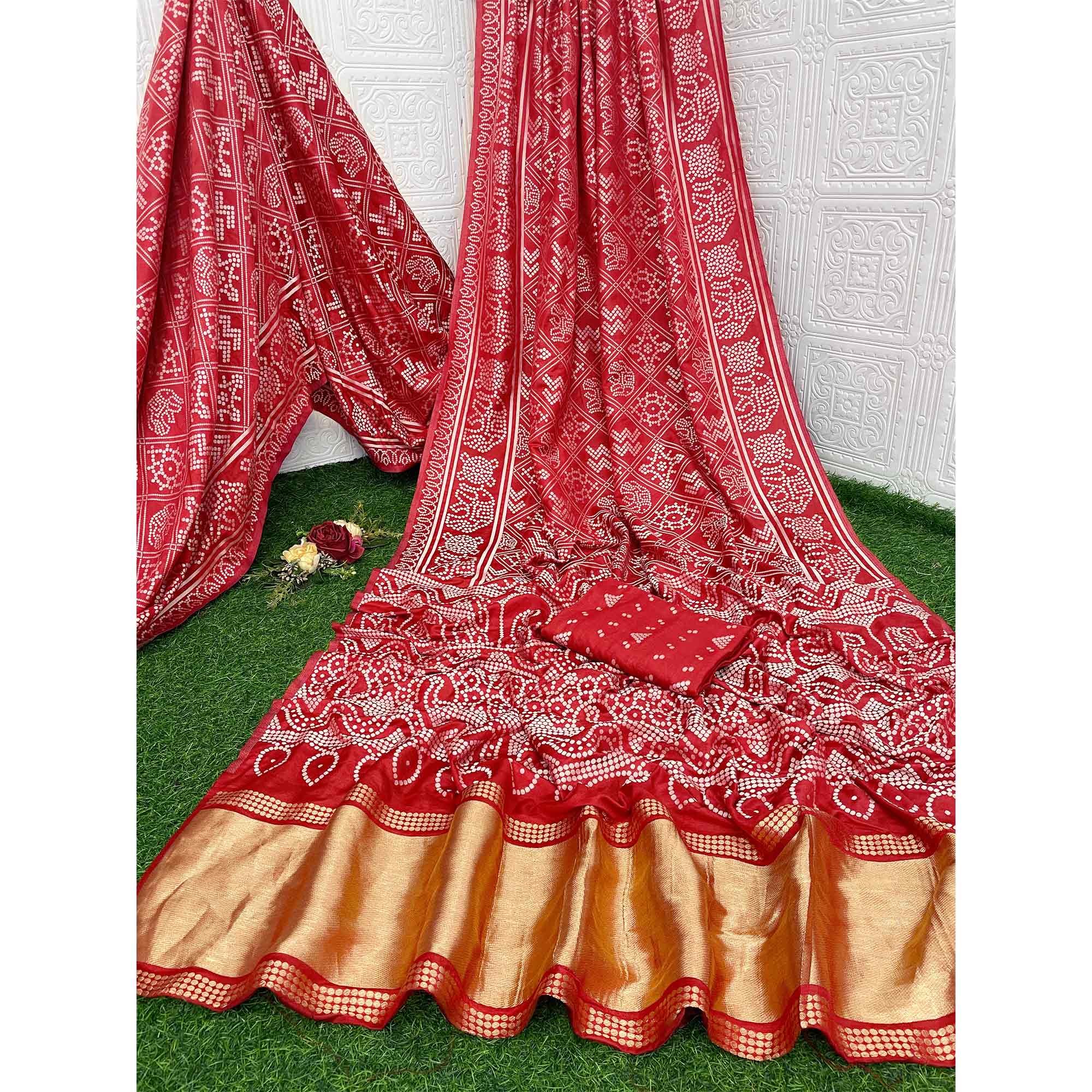 Red Bandhani Zari Woven Dola Silk Saree
