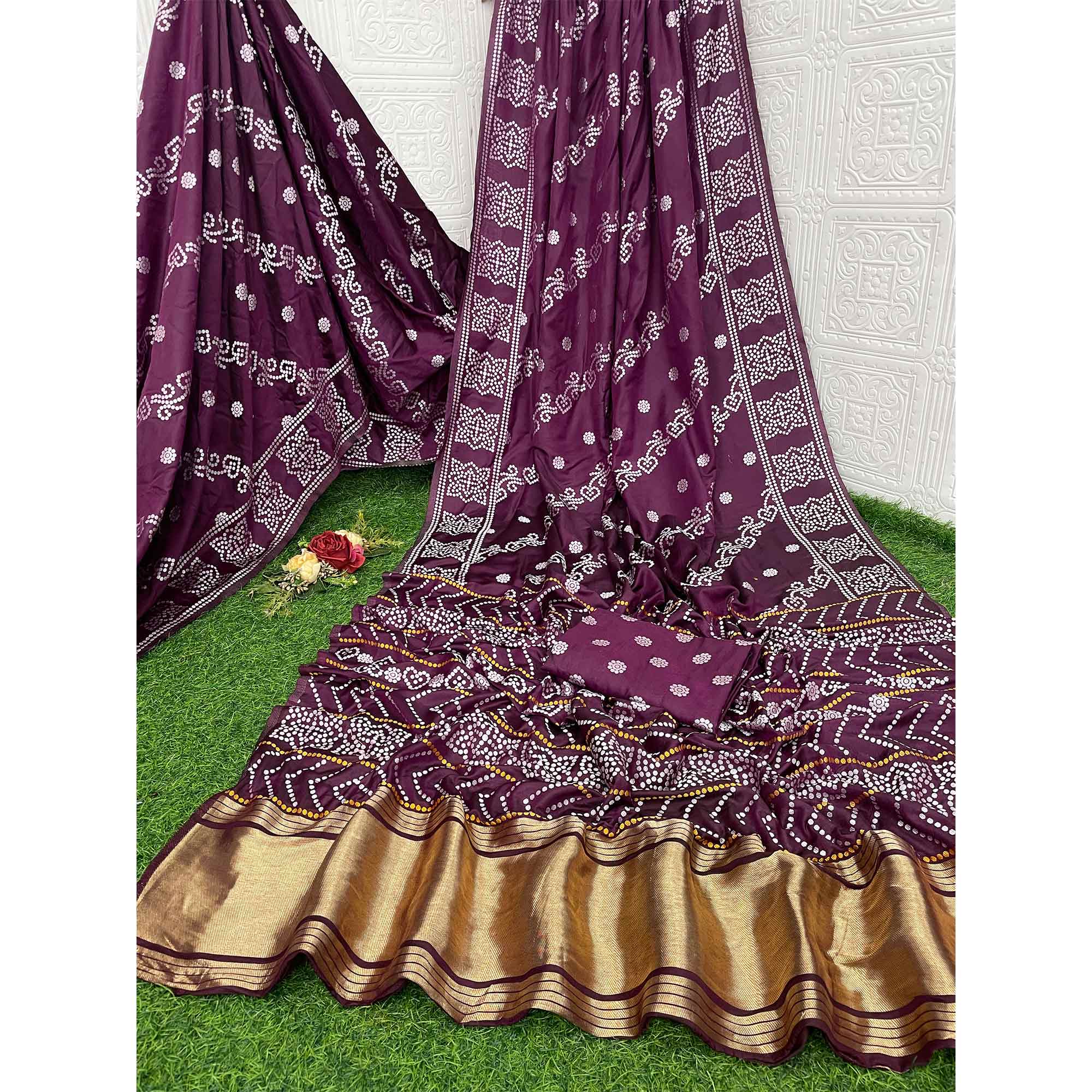 Wine Bandhani Zari Woven Dola Silk Saree