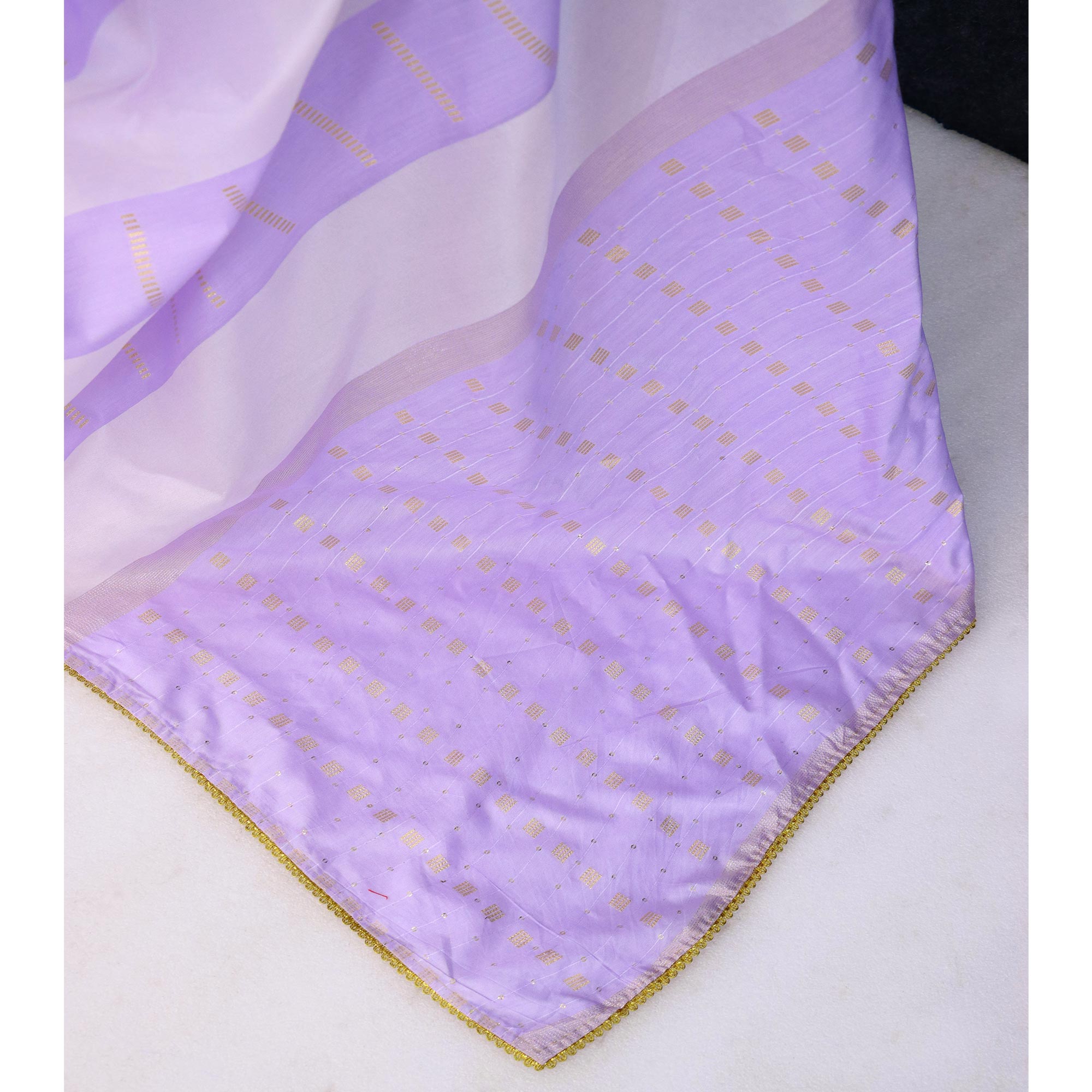 Lavender Zari Woven With Sequins Work Tussar Silk Saree With Lace Border