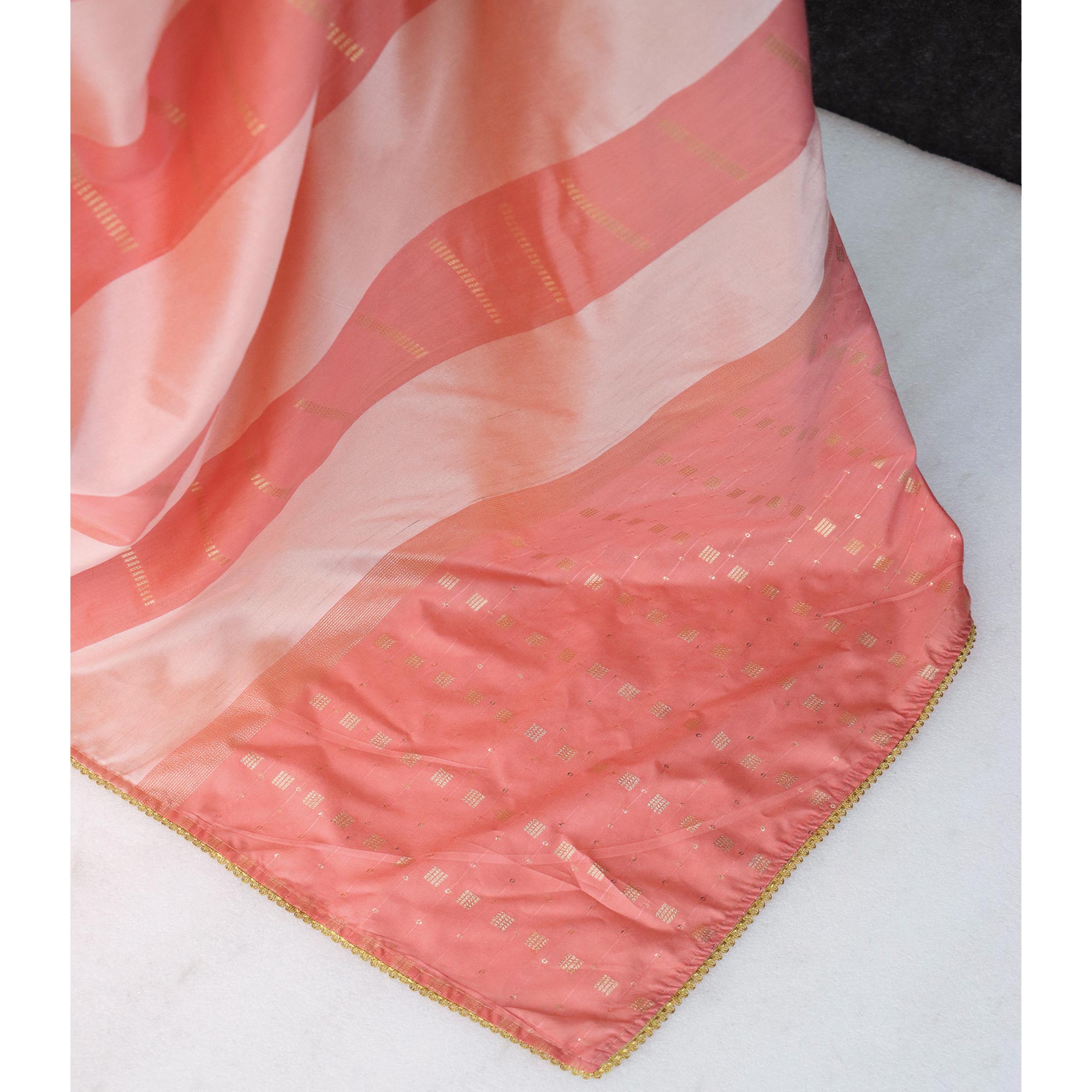 Peach Zari Woven With Sequins Work Tussar Silk Saree With Lace Border