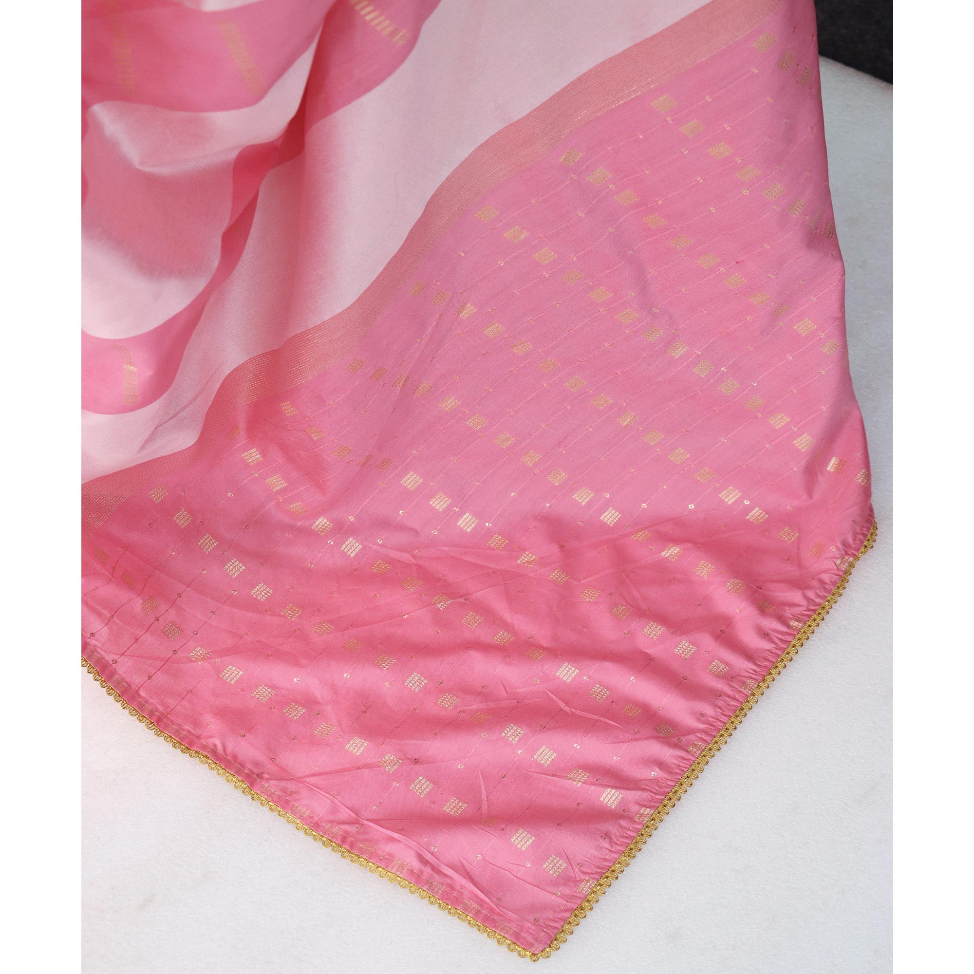 Pink Zari Woven With Sequins Work Tussar Silk Saree With Lace Border