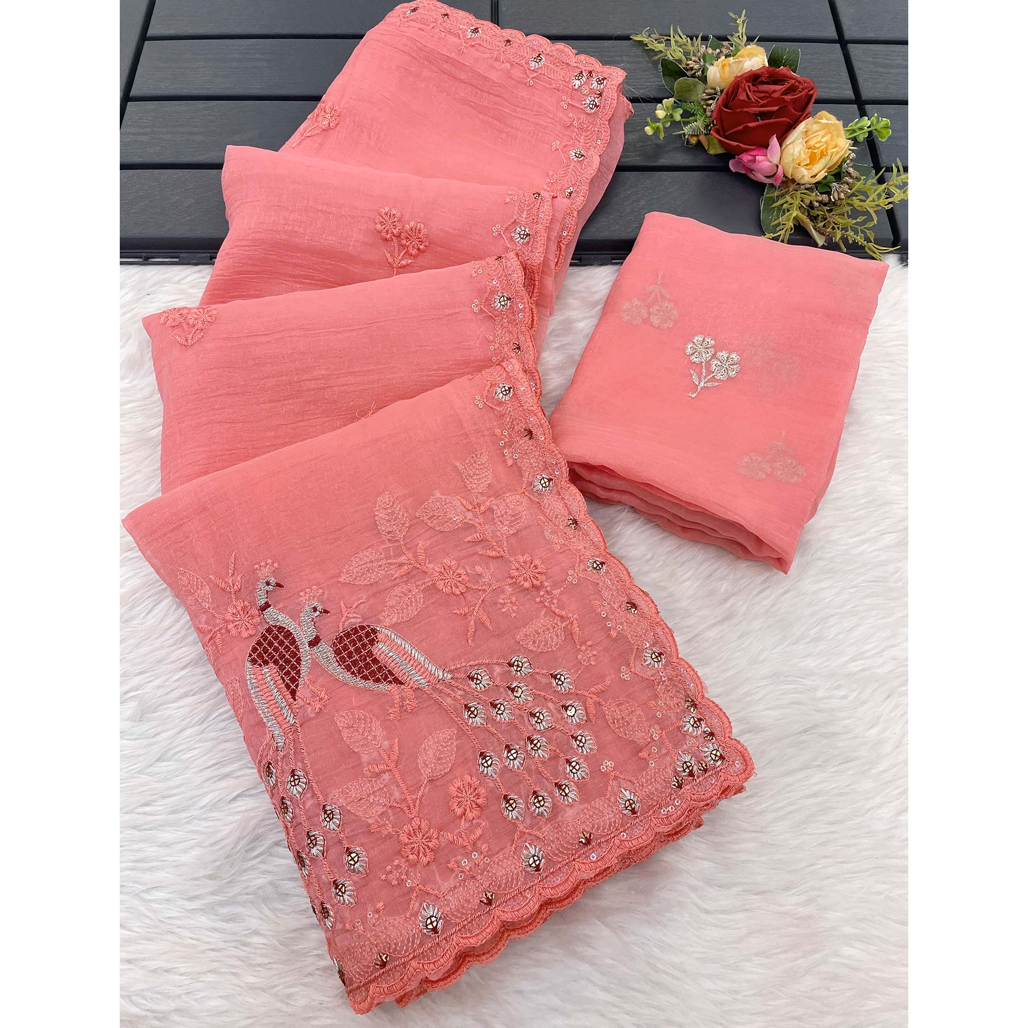 Light Peach Floral Sequins Embroidered Art Silk Crush Saree