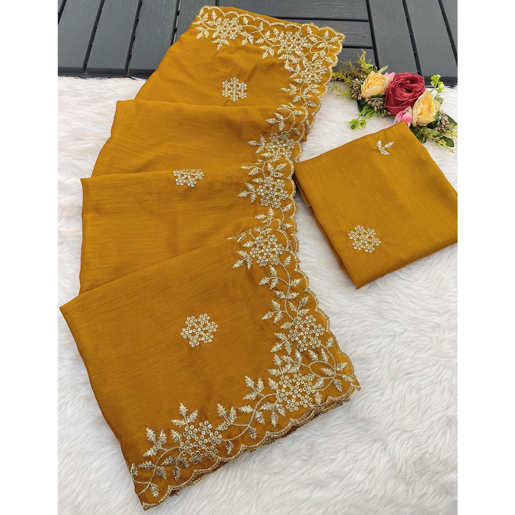 Mustard Floral Sequins Embroidered Chinon Saree