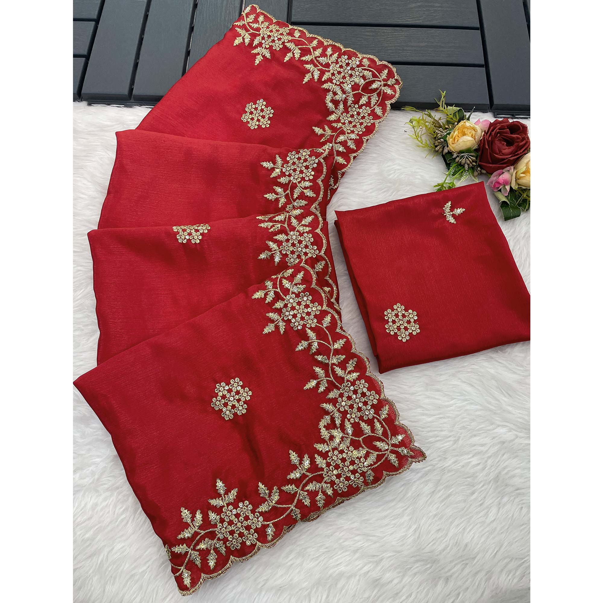 Red Floral Sequins Embroidered Chinon Saree