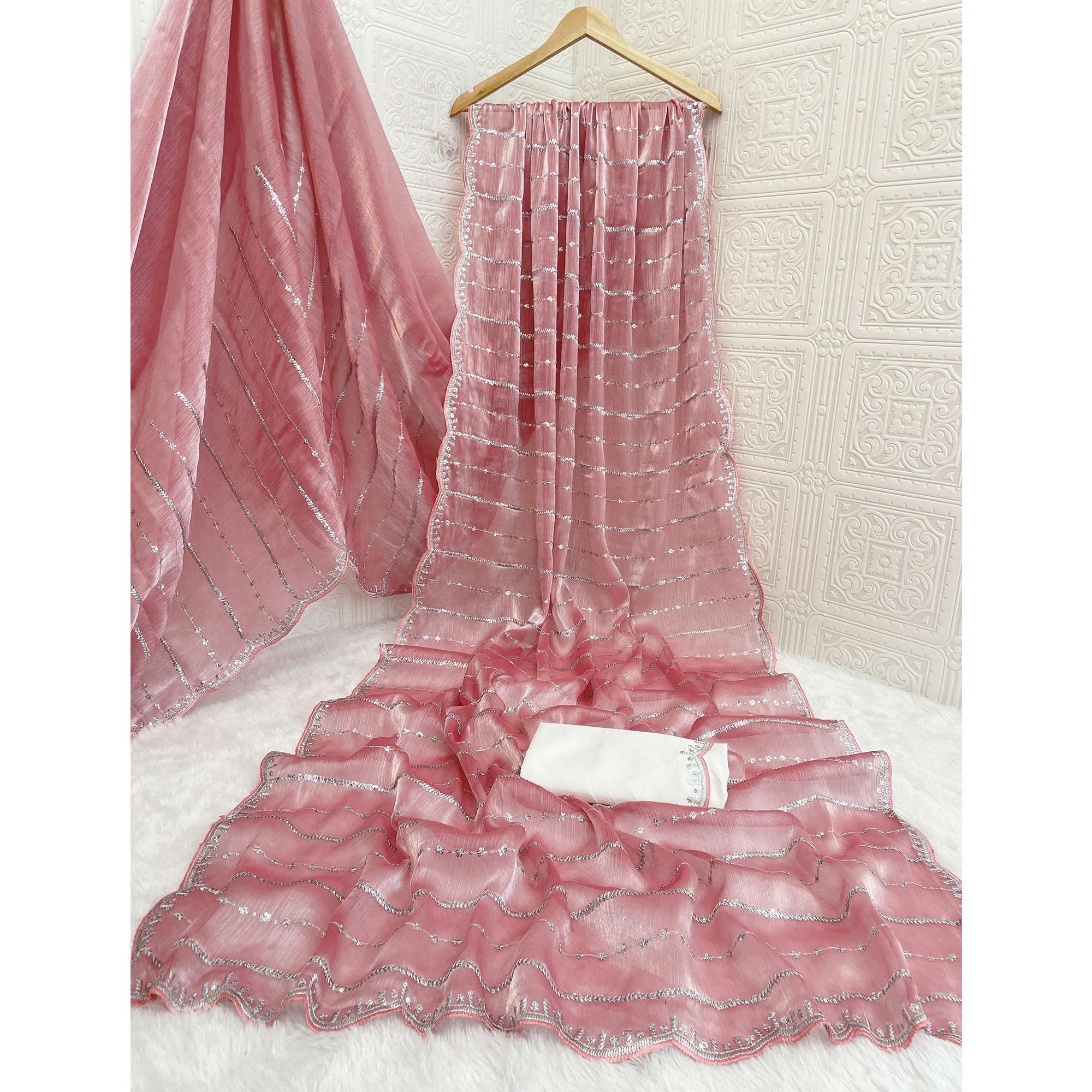 Peach Sequins Work Embroidered Chiffon Saree