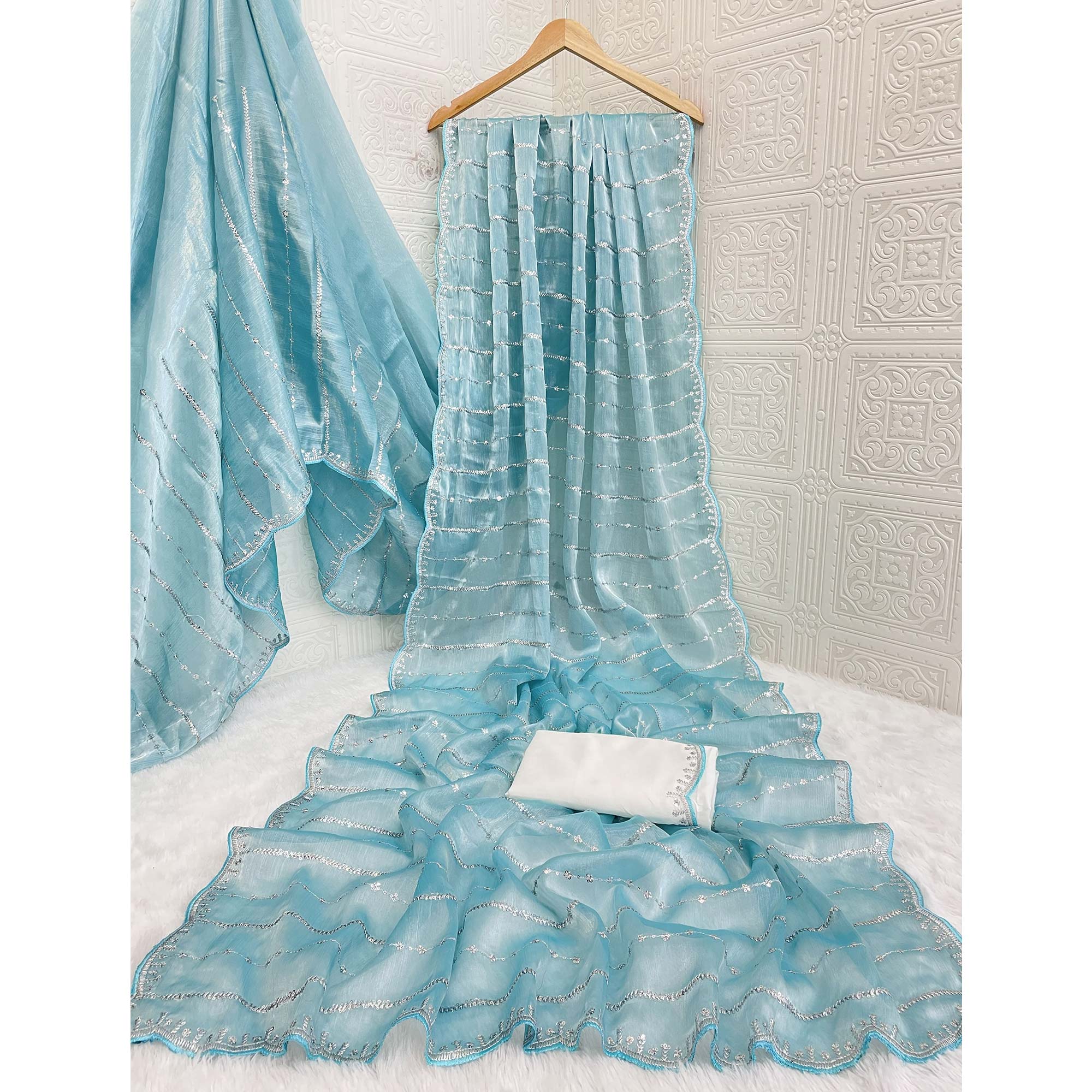 Sky Blue Sequins Work Embroidered Chiffon Saree