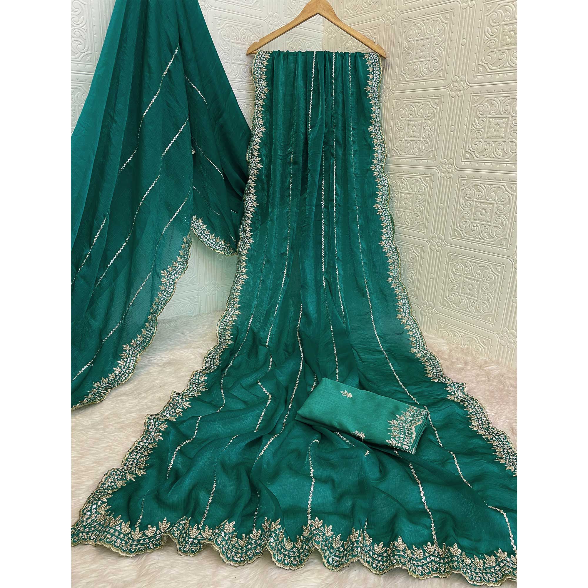Rama Green Sequins Work Embroidered Chiffon Saree