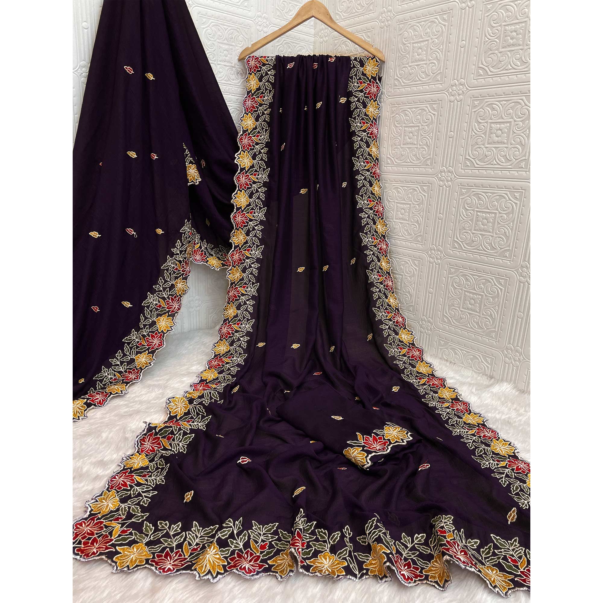 Purple Floral Embroidered Vichitra Silk Saree