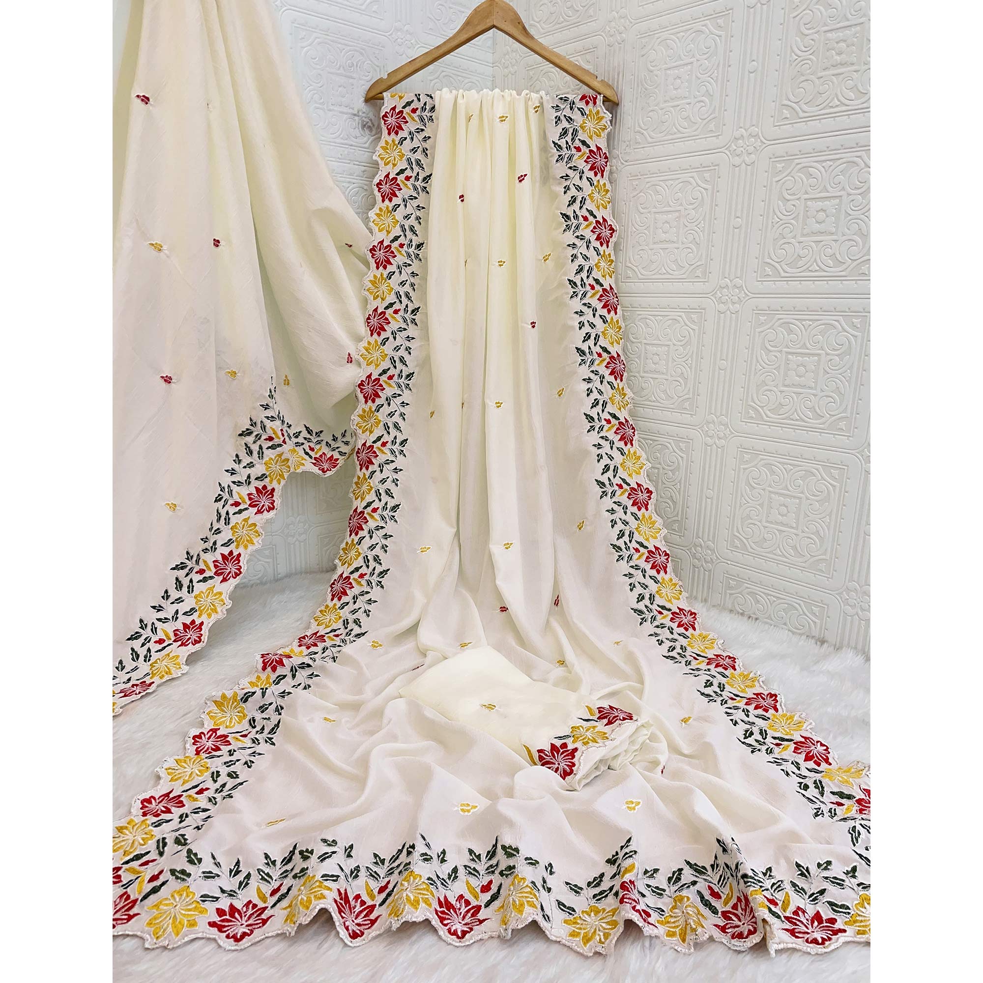 White Floral Embroidered Vichitra Silk Saree