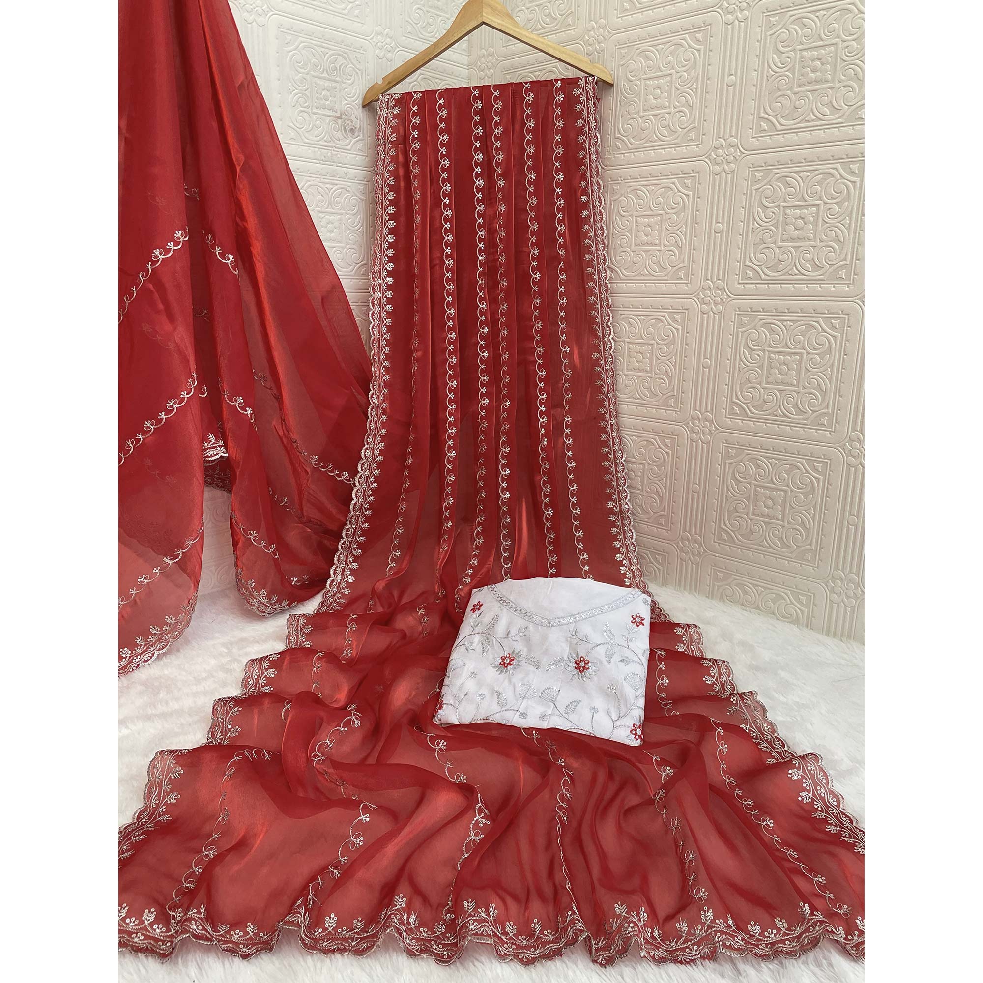 Red Sequins Embroidered Satin Saree
