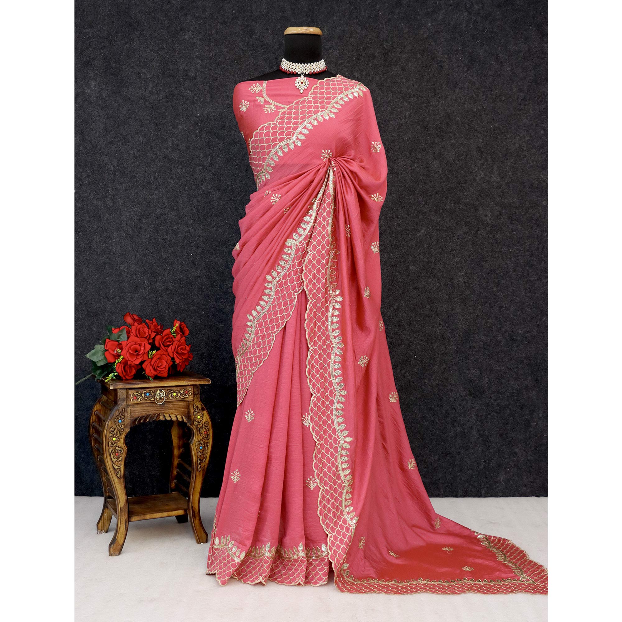 Gajri Pink Sequins Embroidered Vichitra Silk Saree