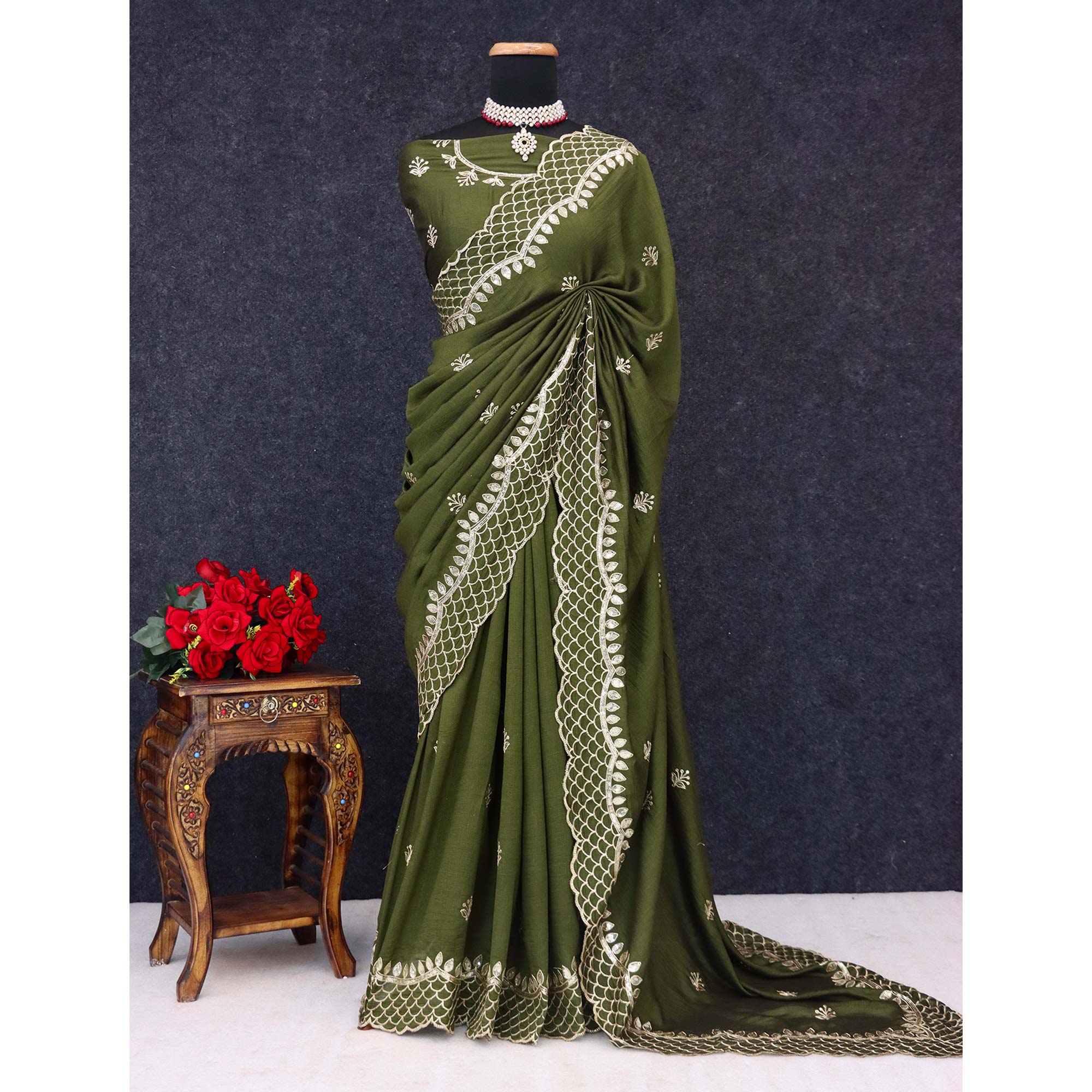 Green Sequins Embroidered Vichitra Silk Saree