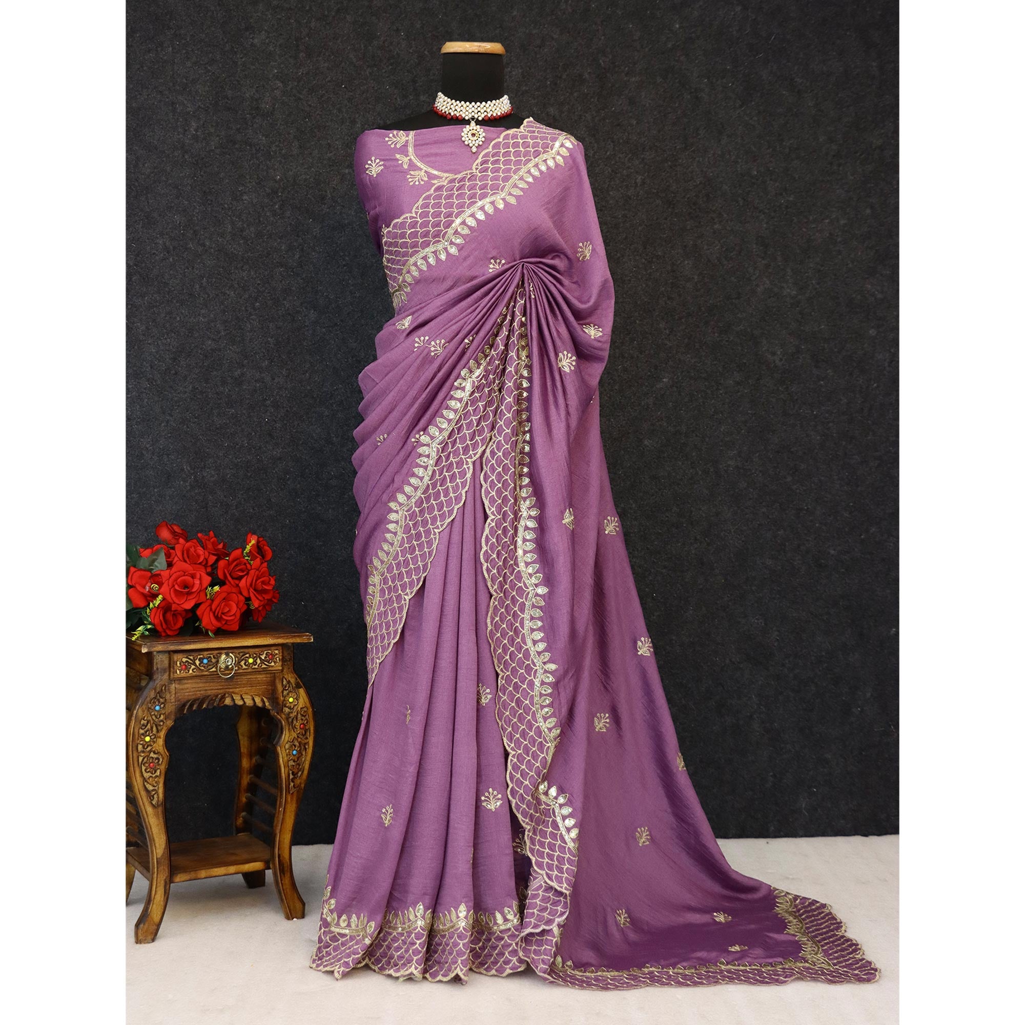 Purple Sequins Embroidered Vichitra Silk Saree