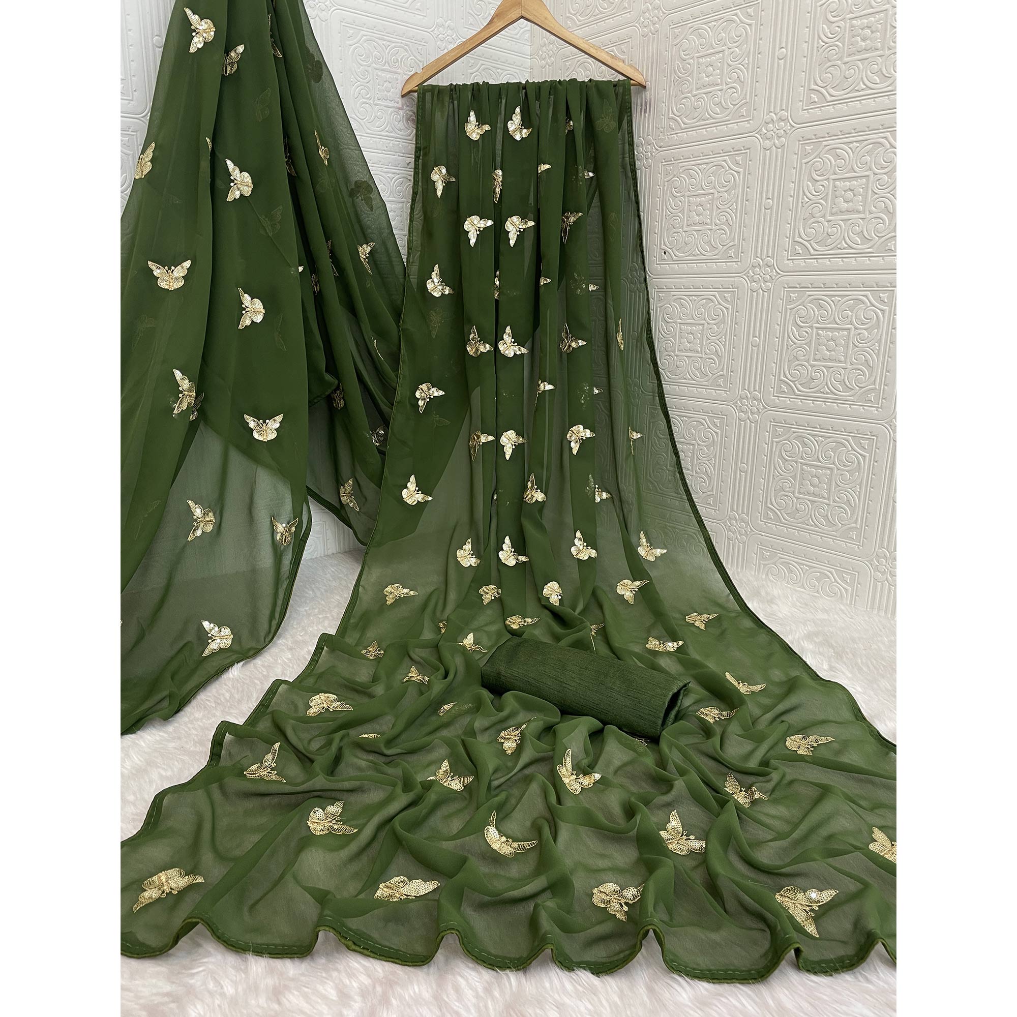 Mehendi Green Embroidered Georgette Saree With Shimmering Butterfly Sequin Work